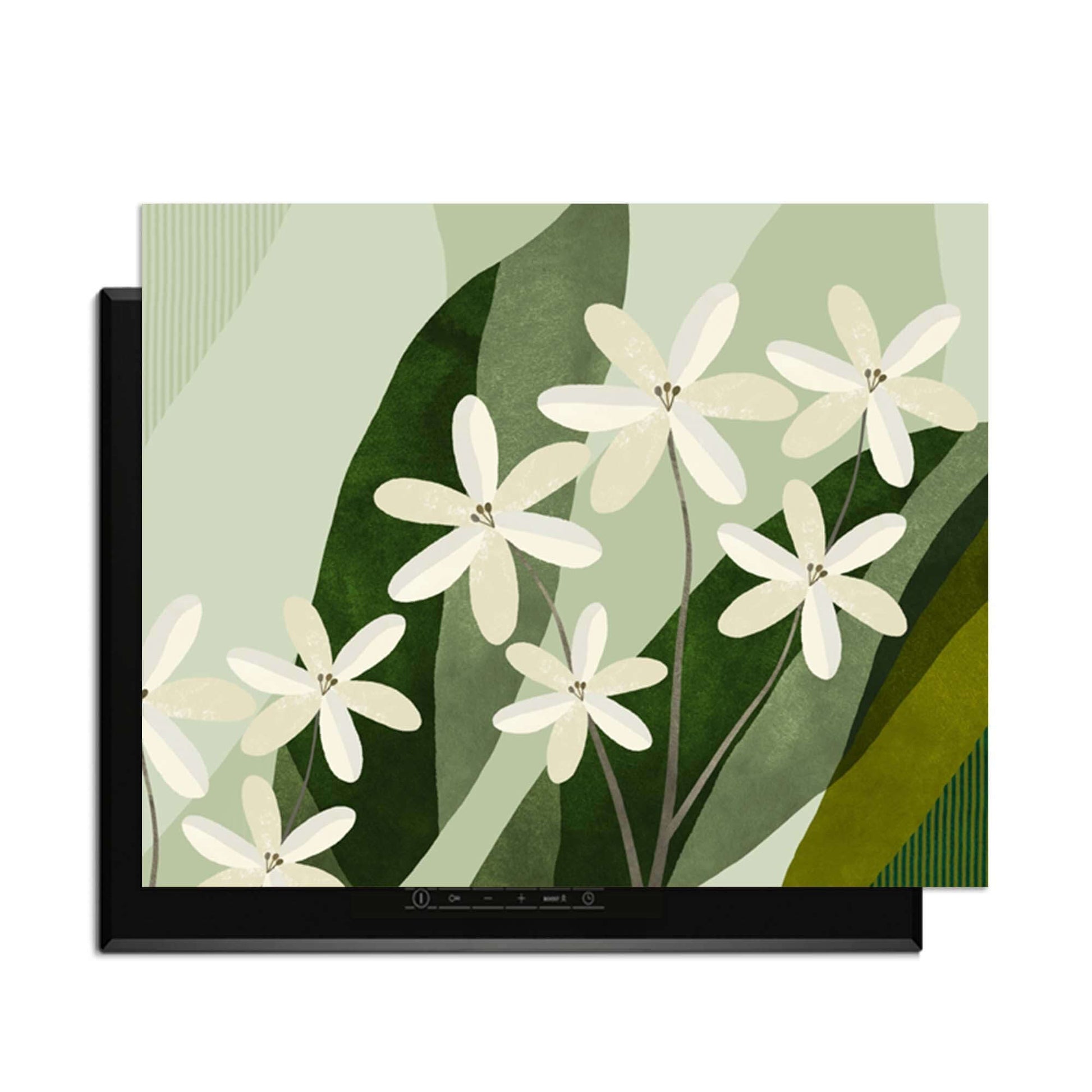 Ivory Cluster - Herdabdeckplatte mit zarten elfenbeinfarbenen Blumen und Grüntönen für stilvollen Küchenschutz.