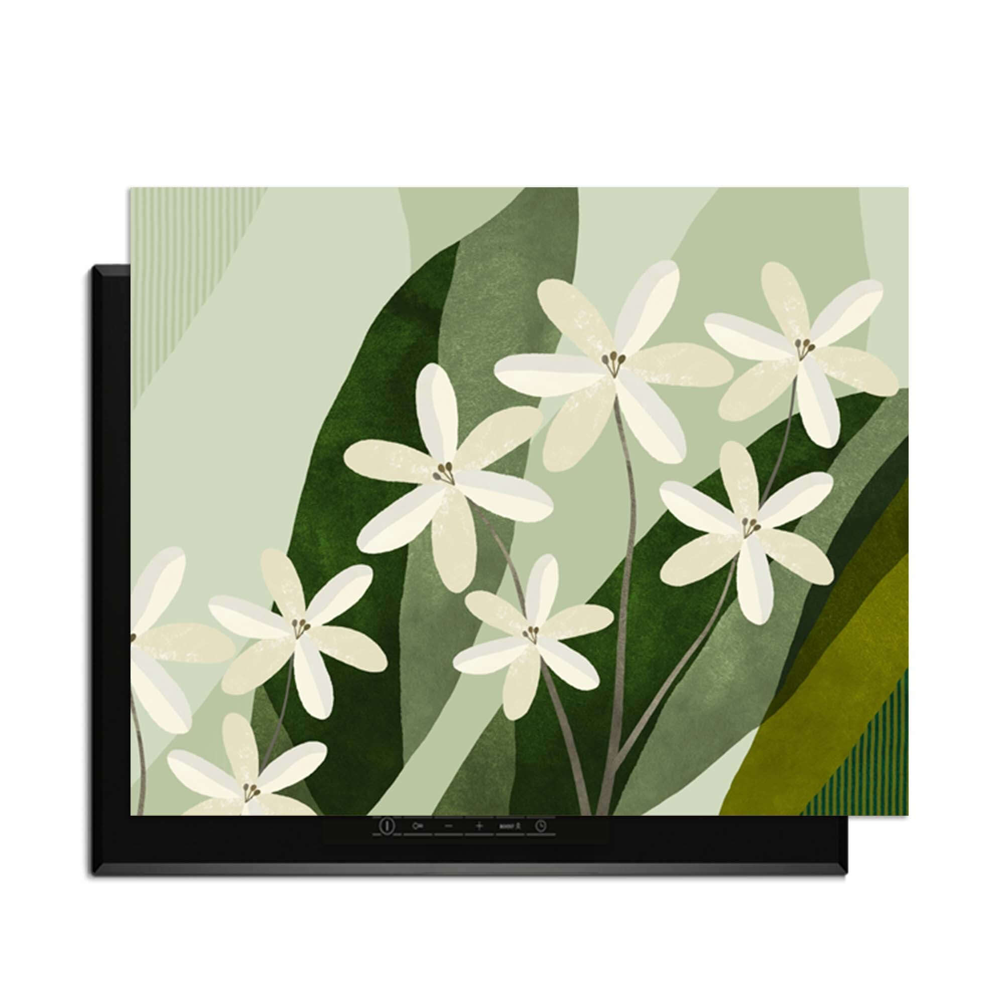 Ivory Cluster - Herdabdeckplatte mit zarten elfenbeinfarbenen Blumen und Grüntönen für stilvollen Küchenschutz.