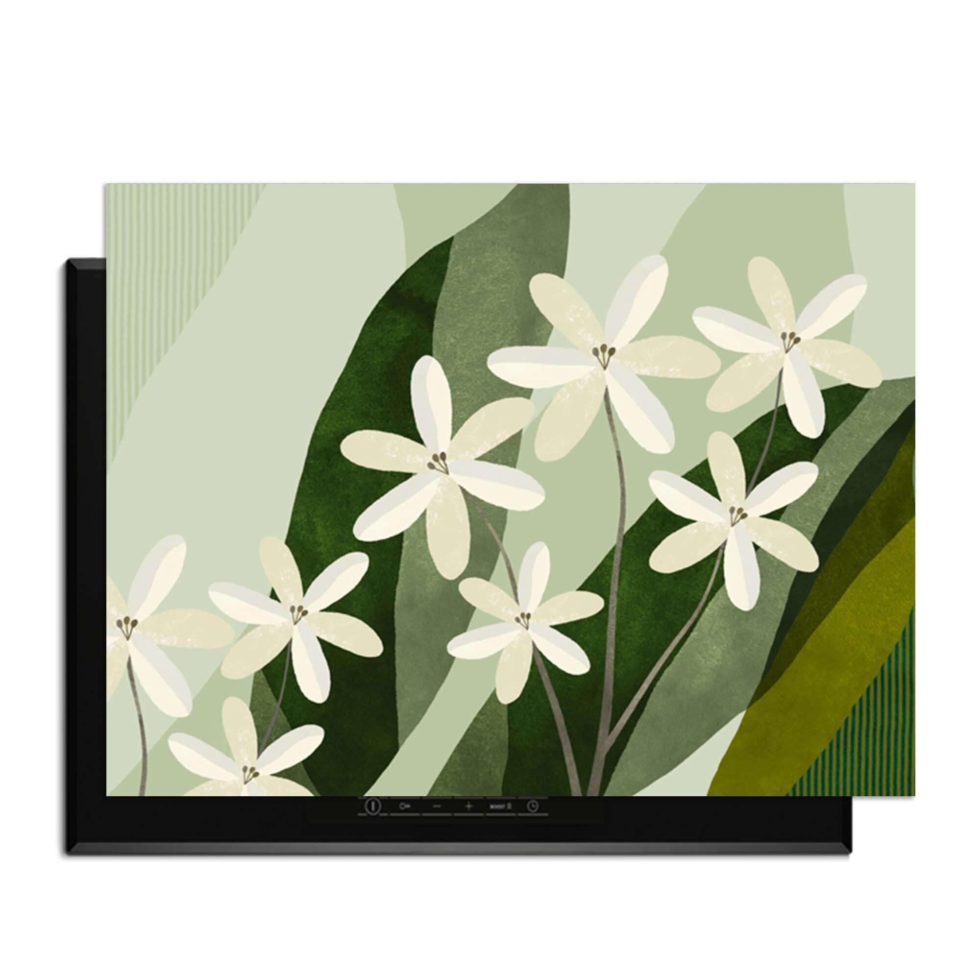 Ivory Cluster - Induktionswächter mit elfenbeinfarbenen Blumen und grünen Blättern.