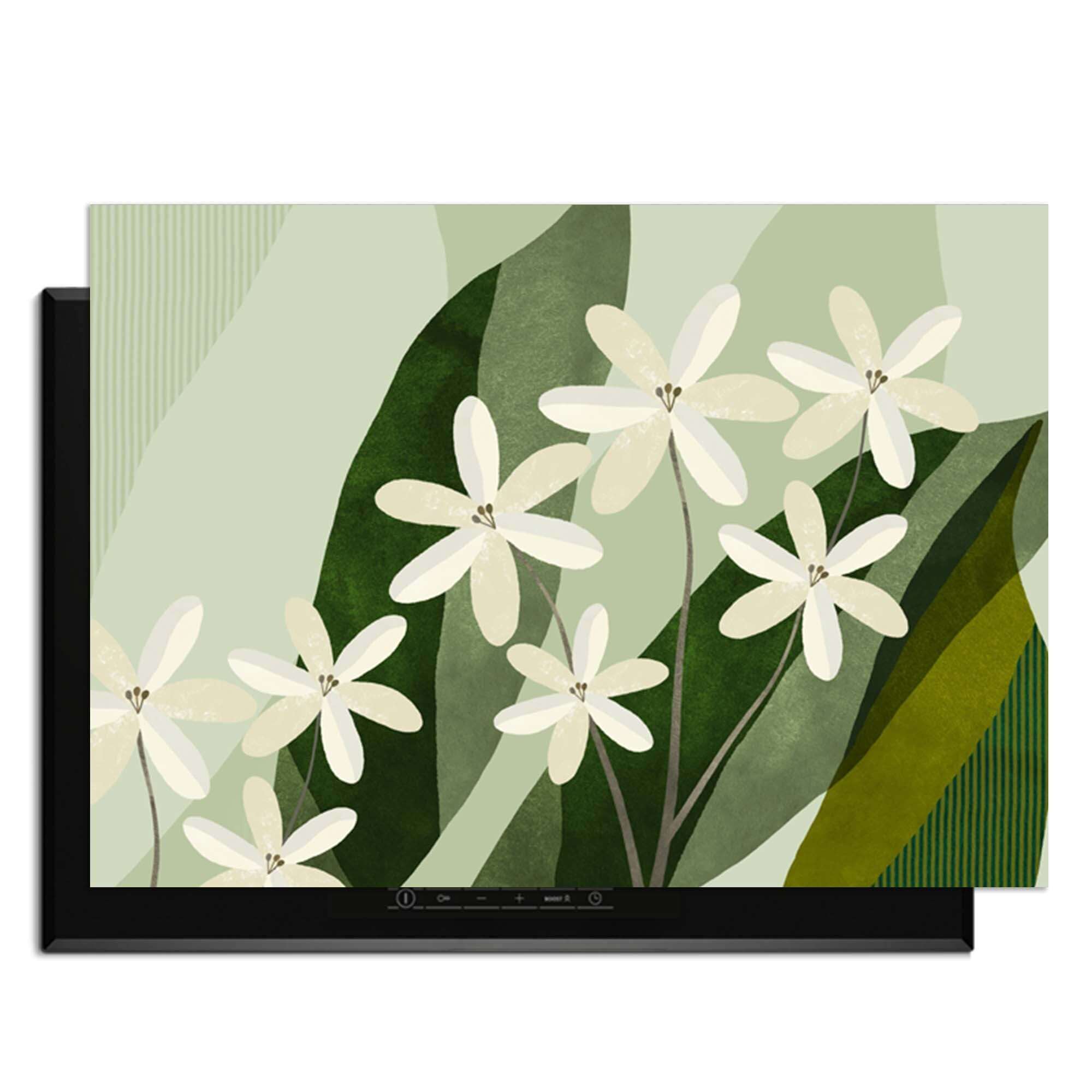 Ivory Cluster - Induktionswächter mit elfenbeinfarbenen Blumen und grünen Blättern.