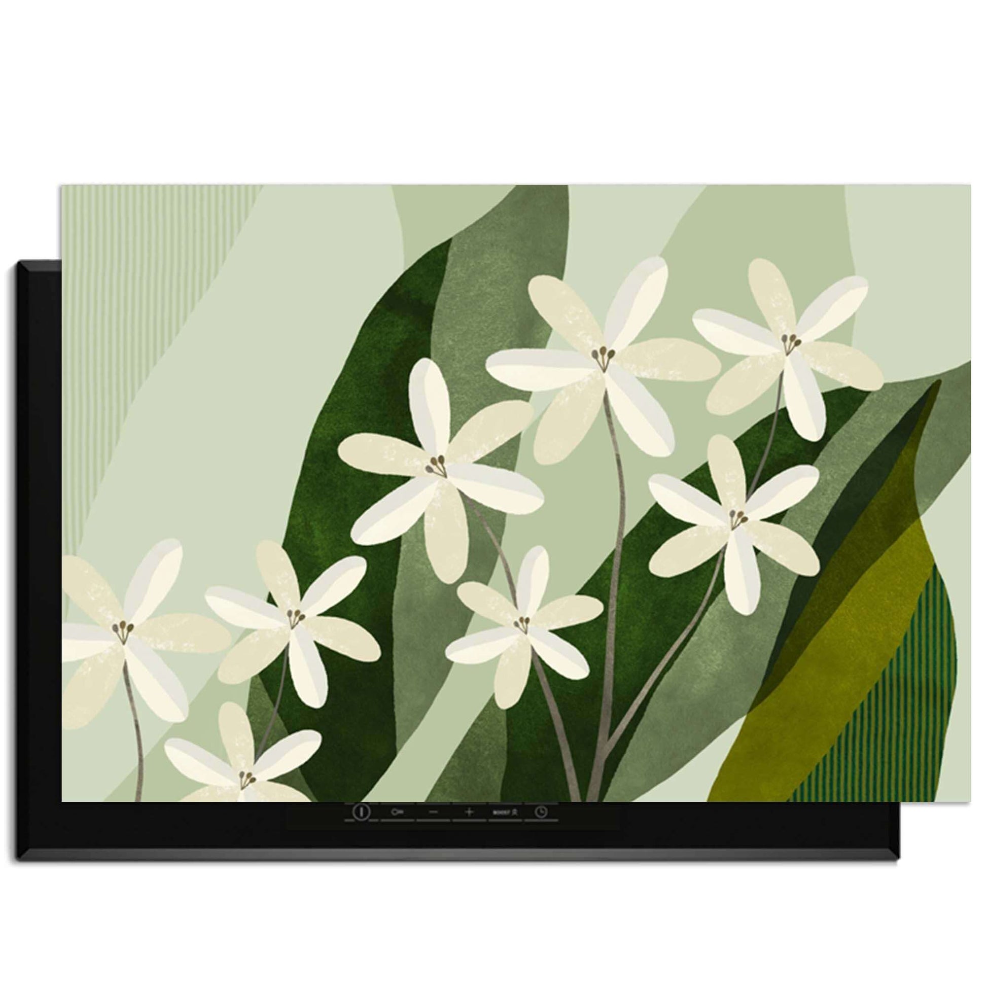 Ivory Cluster - Herdabdeckplatte mit elfenbeinfarbenen Blumen und grünen Blättern, die ein elegantes und beruhigendes Aussehen verleihen.