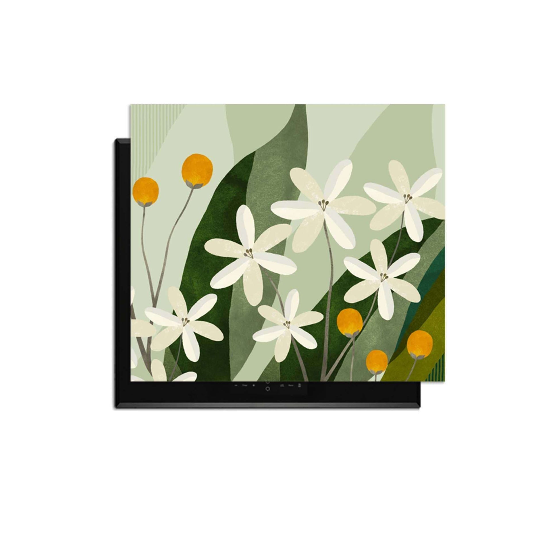 Ivory Spheres - Herdabdeckplatte mit zarter elfenbeinfarbener Blume und ockergelbem Design, stilvolle Schutzplatte für Induktionskochfelder.
