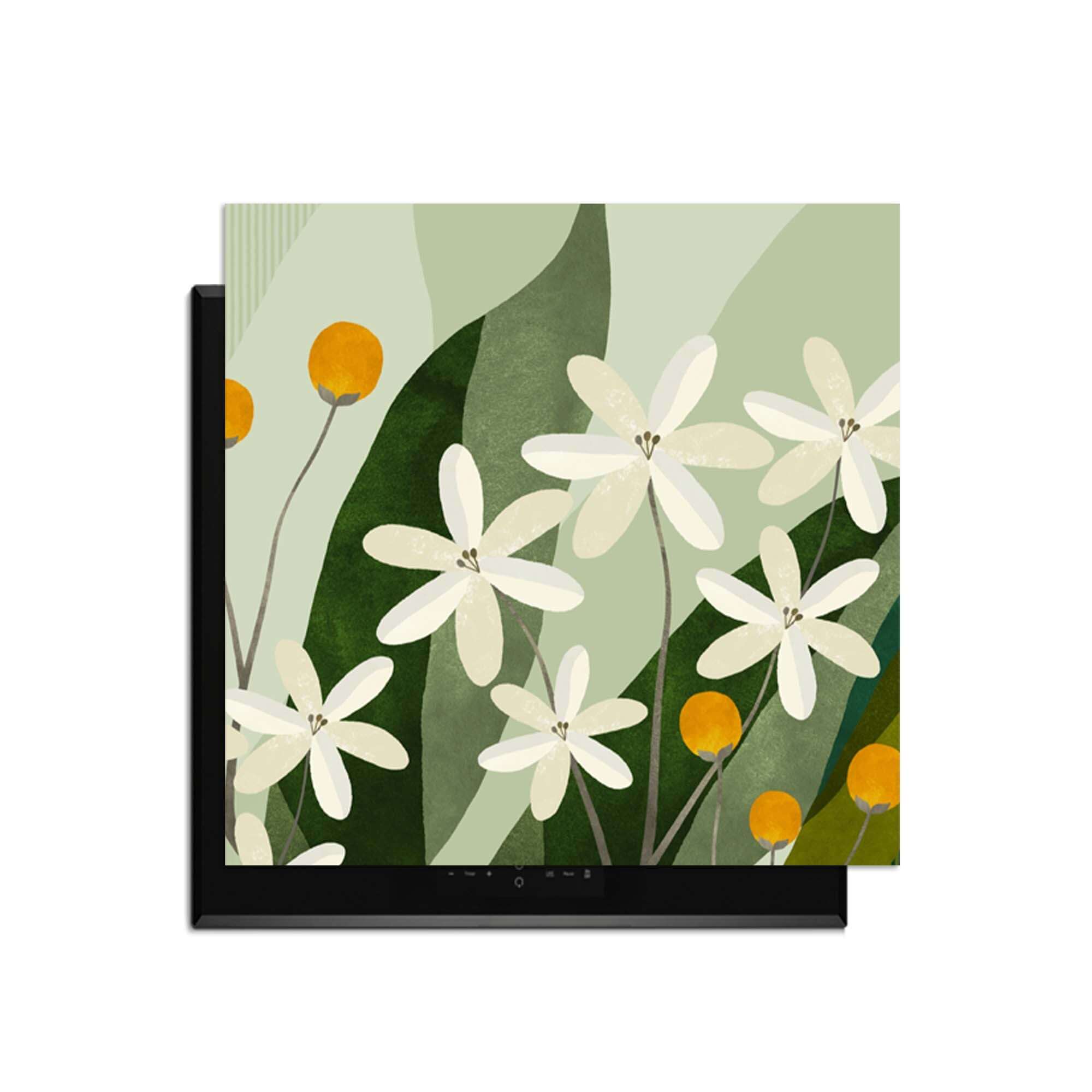 Ivory Spheres - Herdabdeckplatte mit elfenbeinfarbenen Blumen und ockergelben Akzenten, frisches botanisches Design zum Schutz von Induktionsplatten.