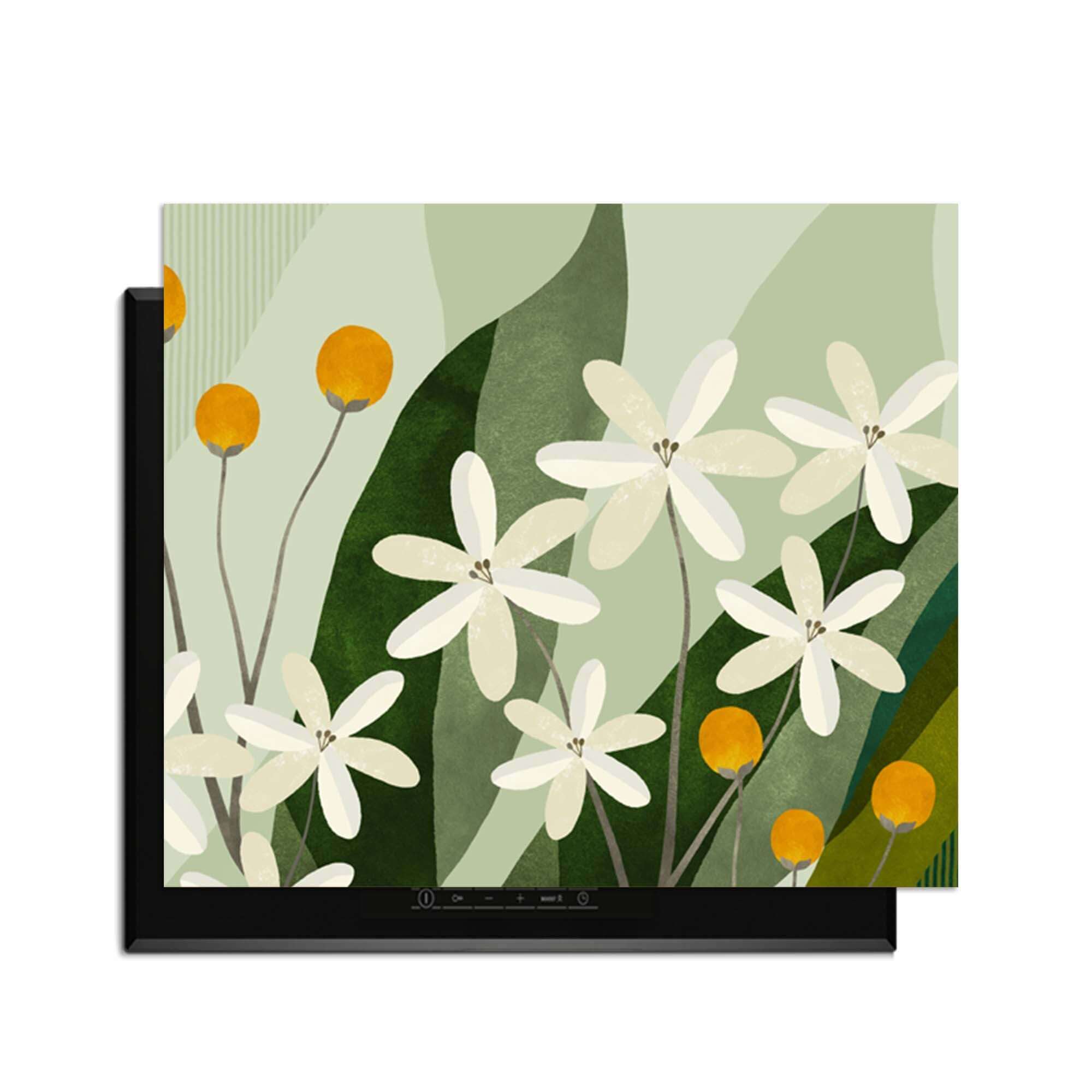 Ivory Spheres - Herdabdeckplatte mit elfenbeinfarbenen Blumen und ockergelben Akzenten, stilvolles Design zum Schutz von Induktionskochfeldern