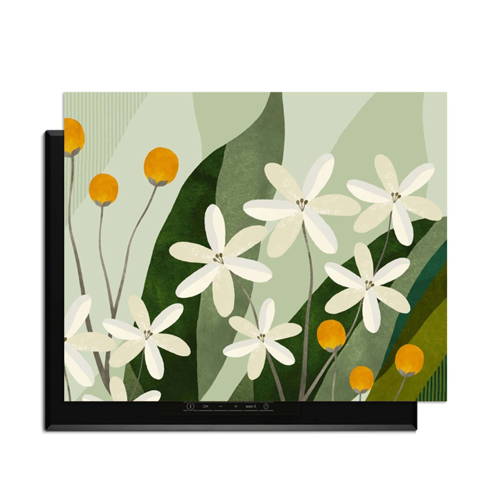 Ivory Spheres - Herdabdeckplatte mit elfenbeinfarbenen Blumen und ockergelben Akzenten, stilvoller Schutz für Induktionskochfelder.