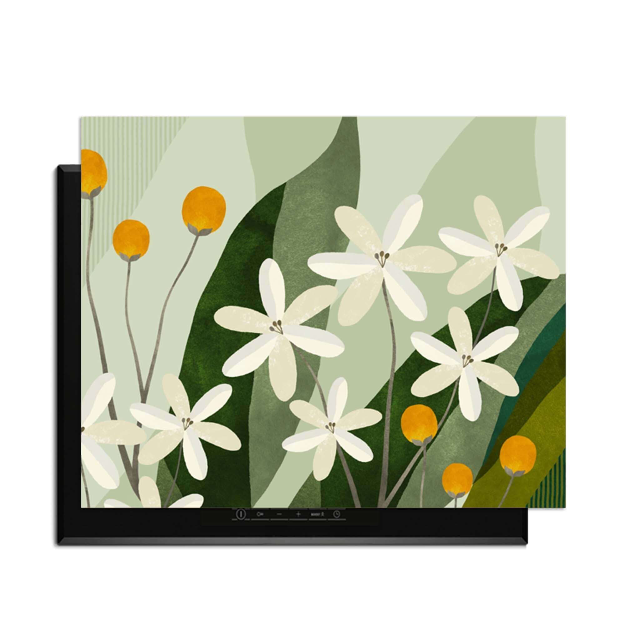 Ivory Spheres - Herdabdeckplatte mit elfenbeinfarbenen Blumen und ockergelben Akzenten, stilvoller Schutz für Induktionskochfelder.