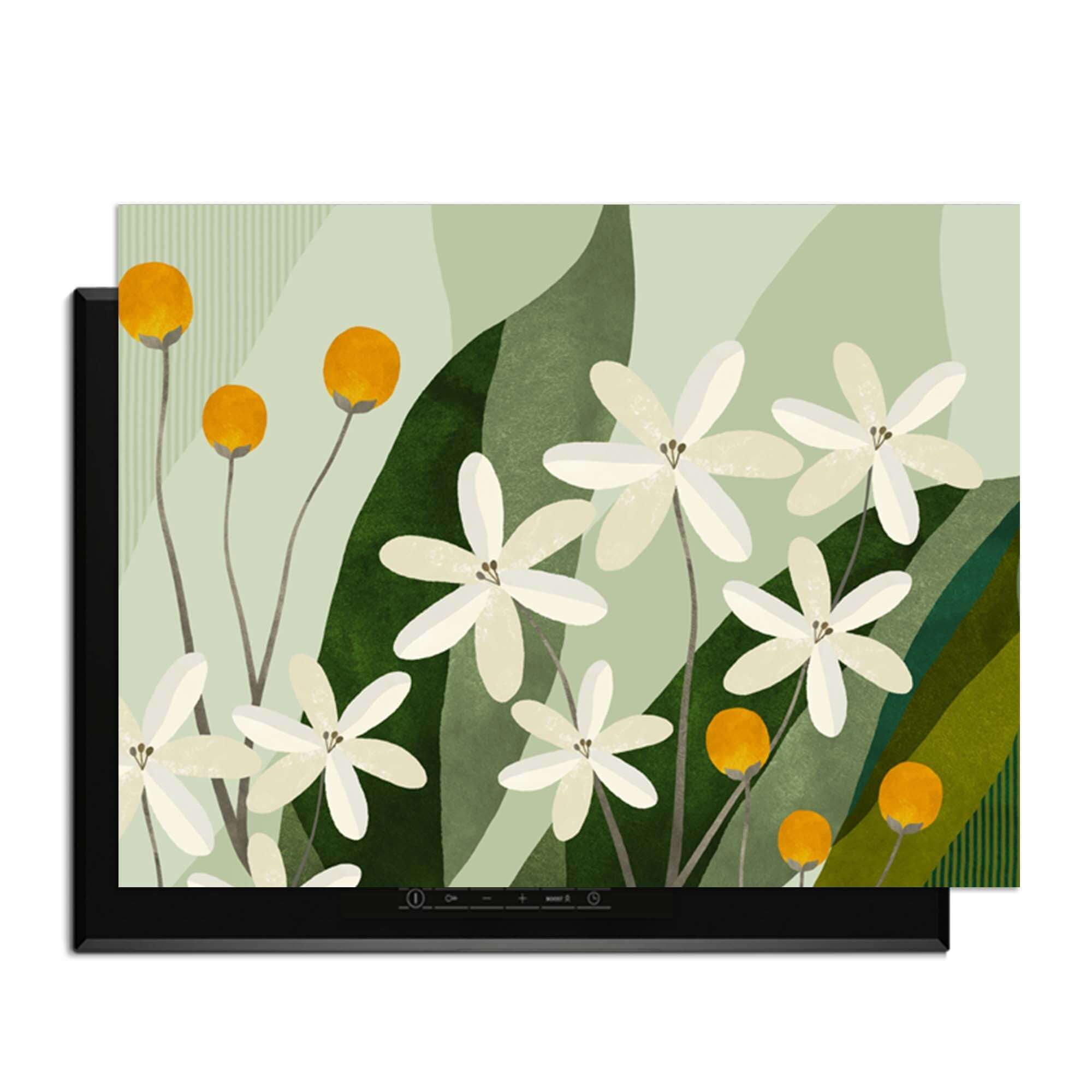 Ivory Spheres - Herdabdeckplatte mit elfenbeinfarbenen Blumen und ockergelben Akzenten, schützendes und stilvolles Design für Induktionskochfelder.