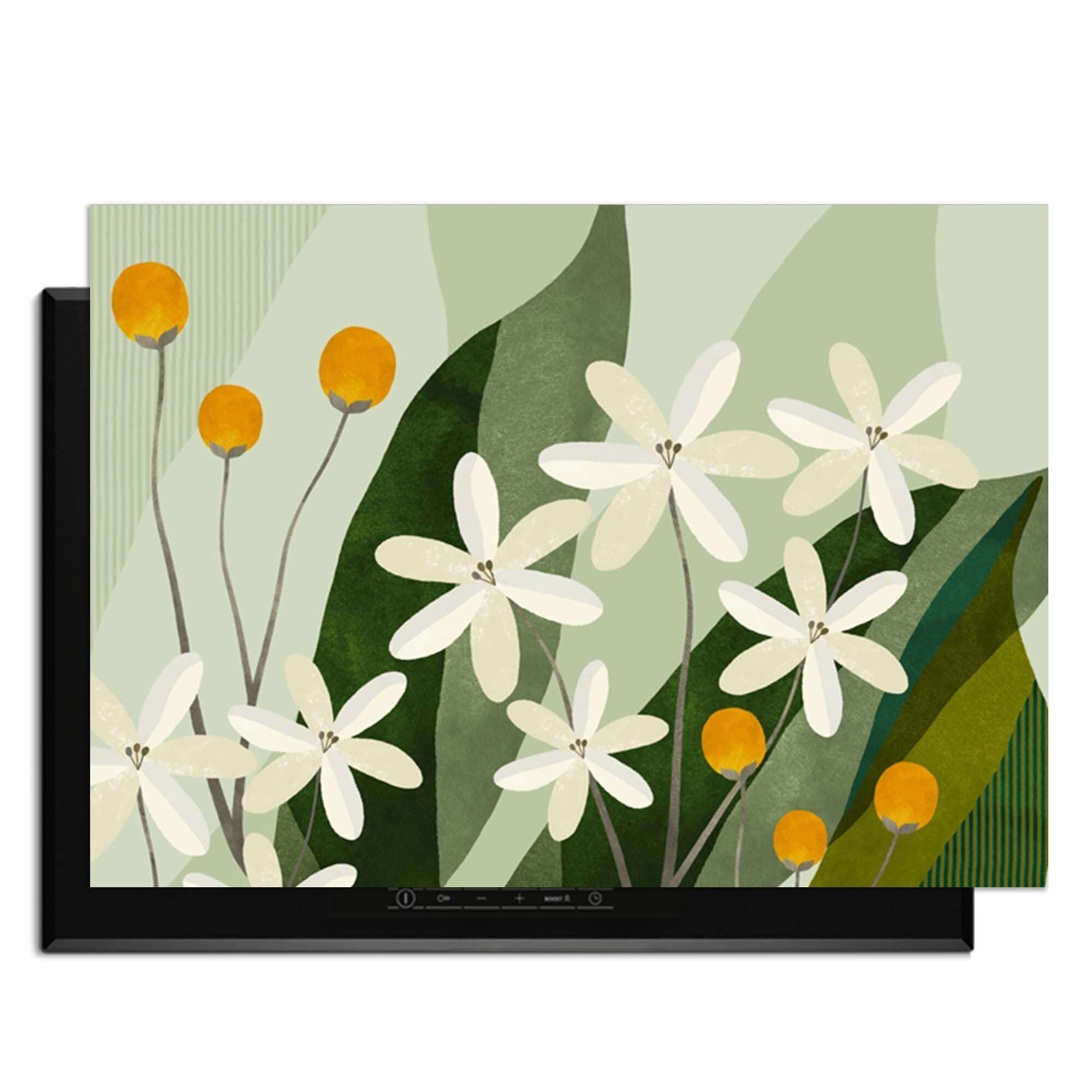 Ivory Spheres - Herdabdeckplatte mit botanischem Design aus elfenbeinfarbenen Blumen und ockergelb, schützt Induktionskochfelder stilvoll.