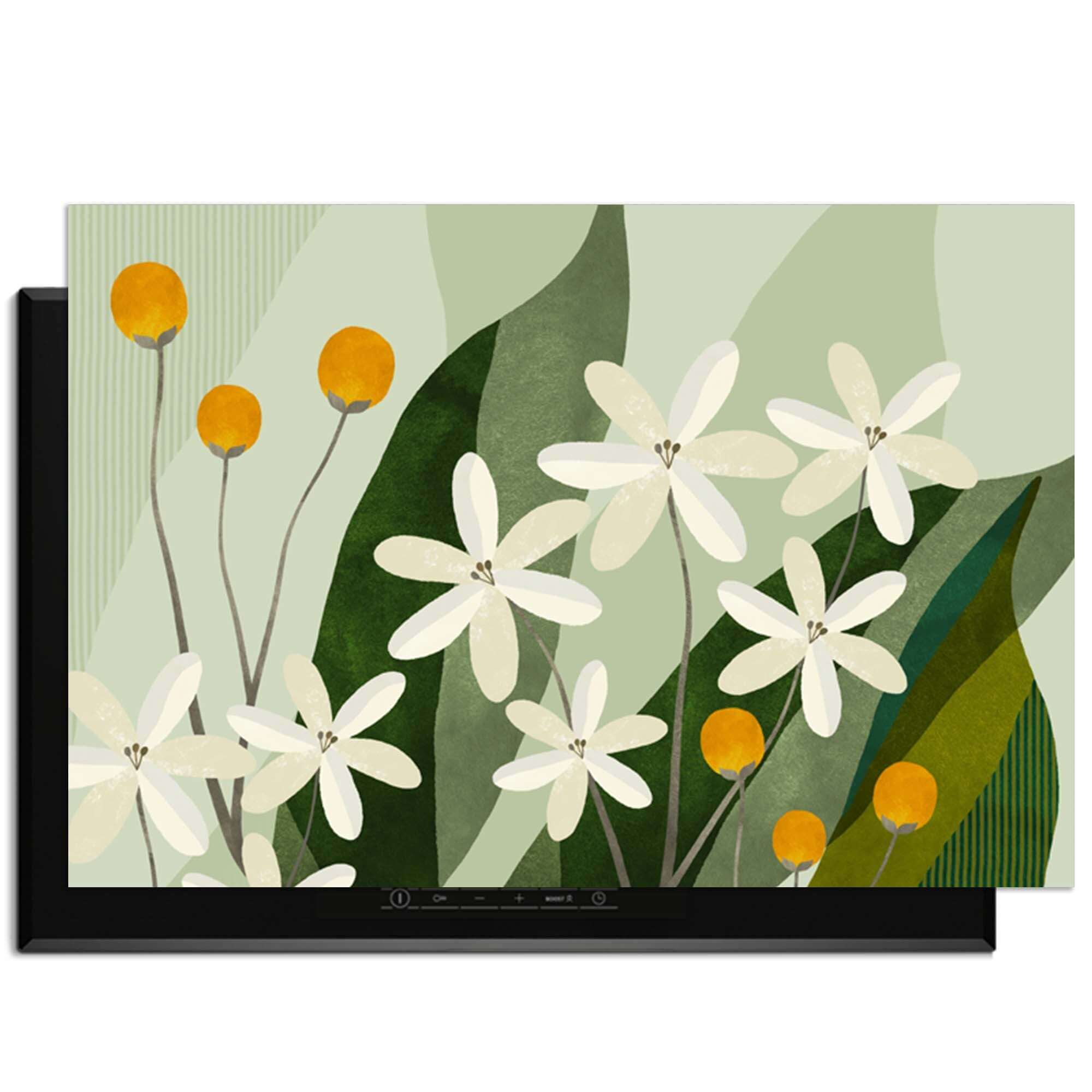 Ivory Spheres - Herdabdeckplatte mit botanischem Design aus elfenbeinfarbenen Blumen und ockergelben Akzenten, stilvoller Schutz für Induktionskochfelder.