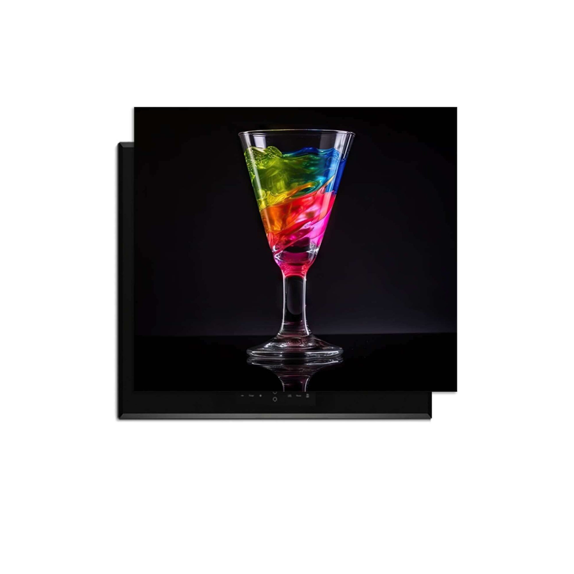 Liquid Art - Herdabdeckplatte mit bunten Flüssigkeiten in einem Glas auf schwarzem Hintergrund.
