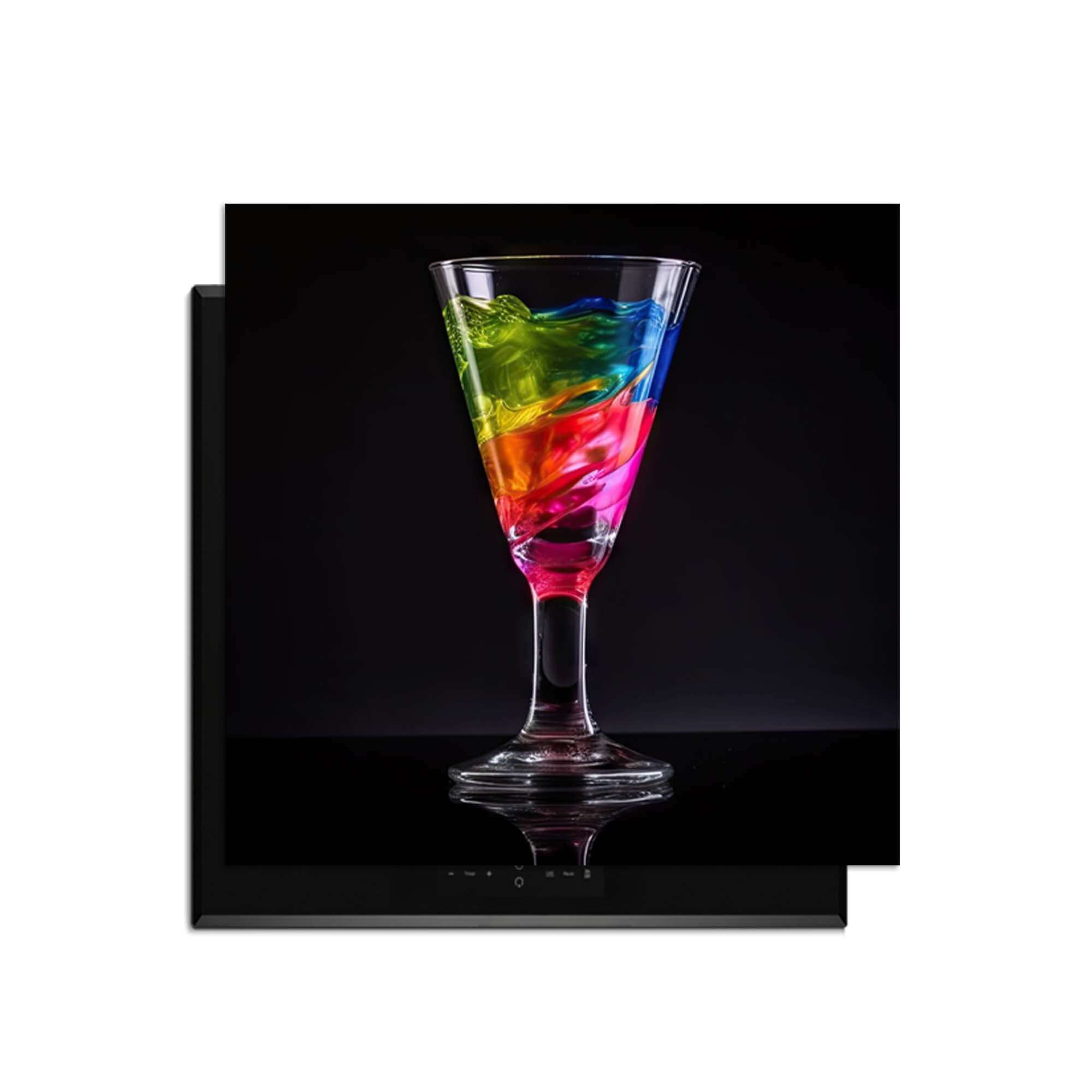Liquid Art - Herdabdeckplatte mit bunten Flüssigkeiten in einem Glas auf schwarzem Hintergrund.