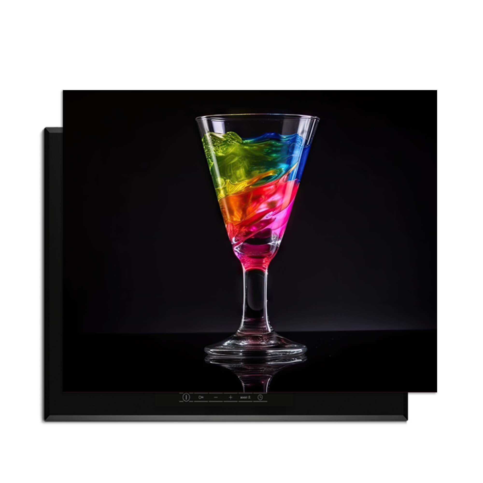 Liquid Art - Herdabdeckplatte in einem stilvollen Glas mit bunten Flüssigkeiten.
