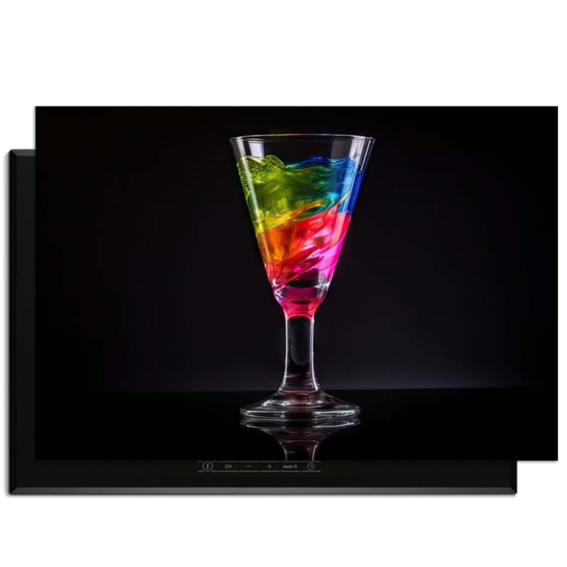Liquid Art - Herdabdeckplatte mit bunten Flüssigkeiten in einer Glasschale auf dunklem Hintergrund.