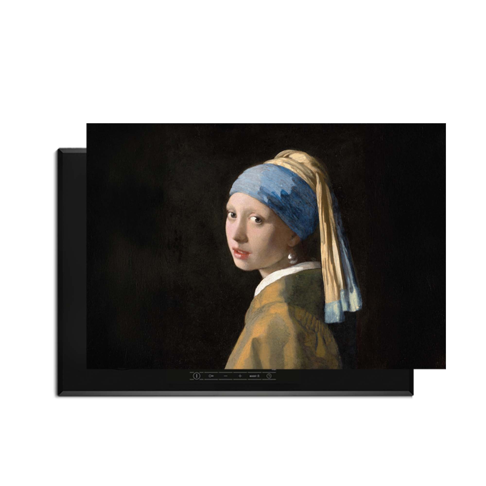 Herdabdeckplatte mit dem Bild des Mädchens mit dem Perlenohrring, eine elegante Ergänzung für die moderne Küche.