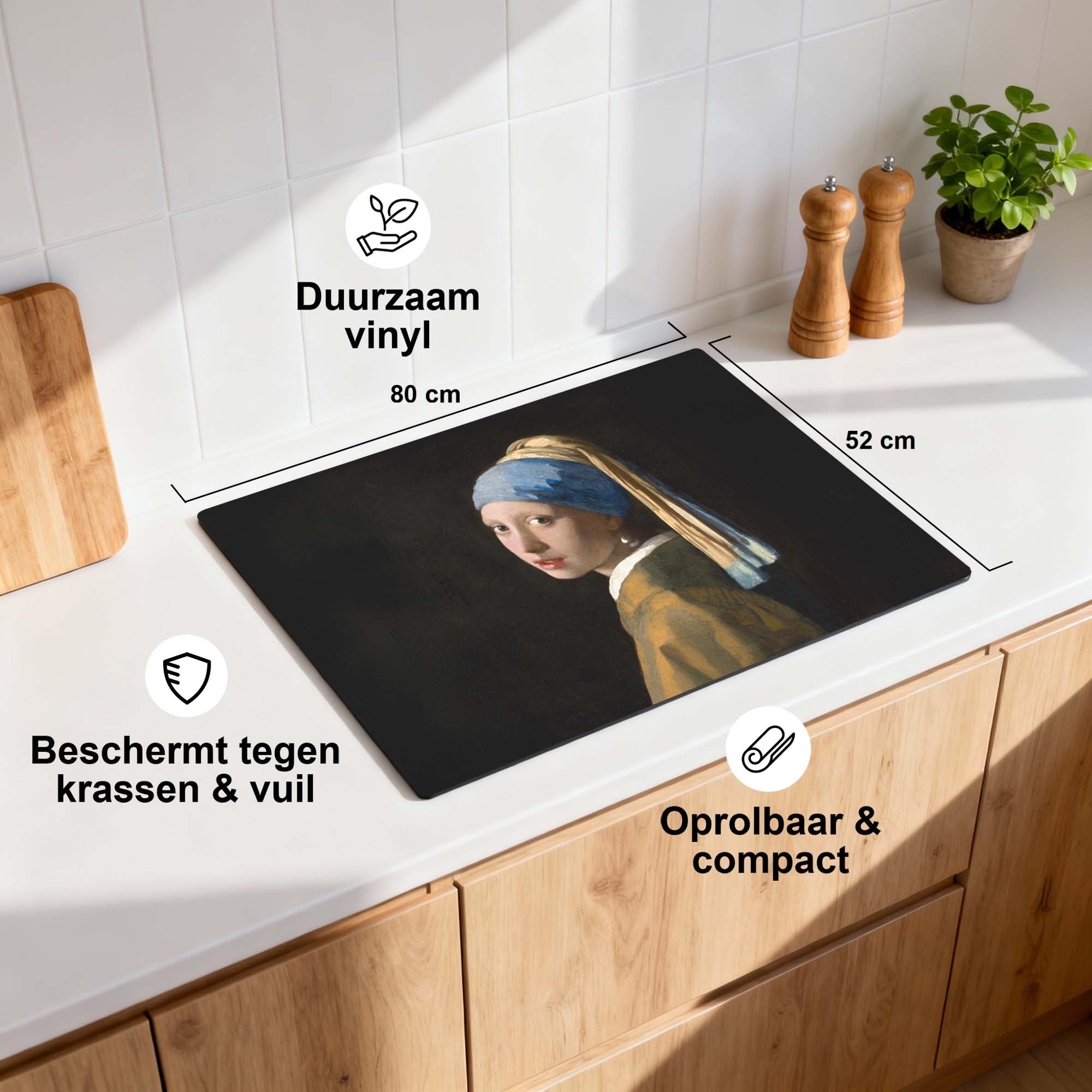 Das Mädchen mit dem Perlenohrring - Herdabdeckplatte für die Küchenarbeitsplatte mit einem Kunstwerk von Vermeer, langlebig und schützend für moderne Küchen.