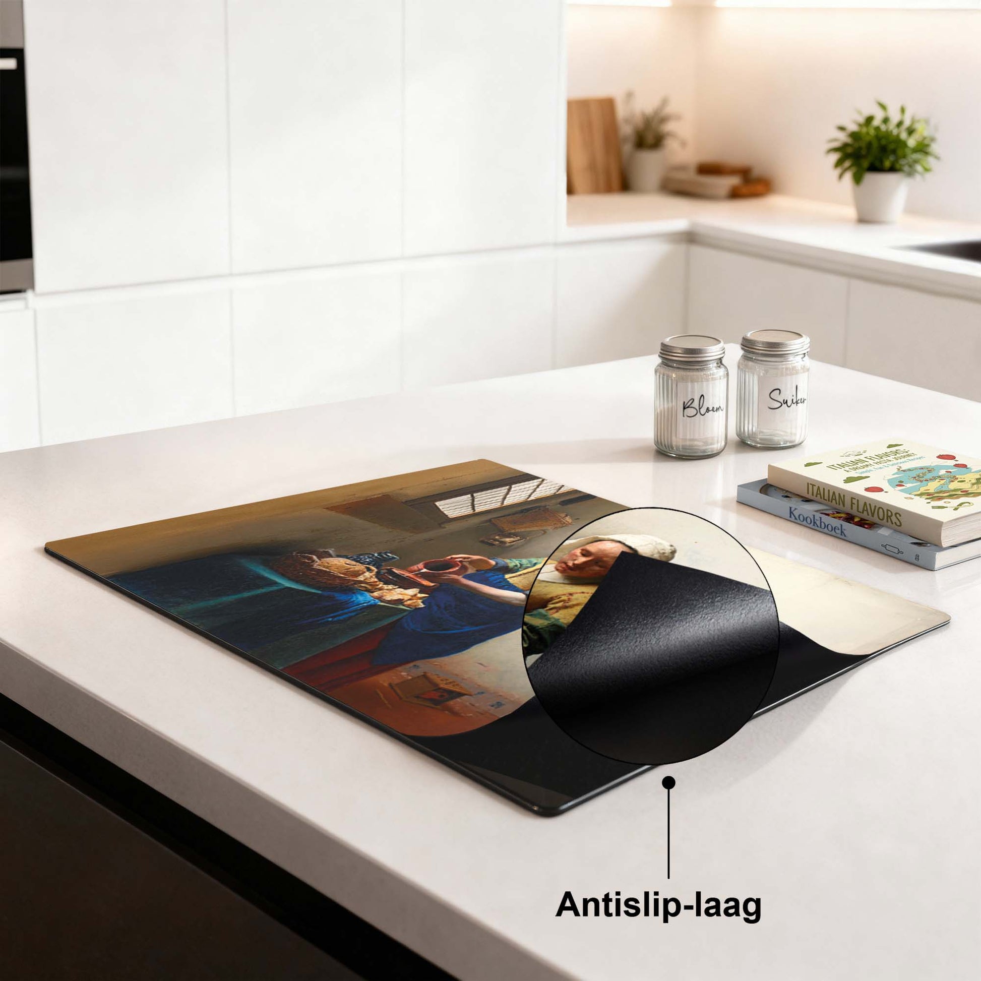 Küche mit Milkmaid- Herdabdeckplatte auf der Arbeitsplatte, rutschfeste Beschichtung sichtbar, zeitloser Look, niederländische Meisterkunst.