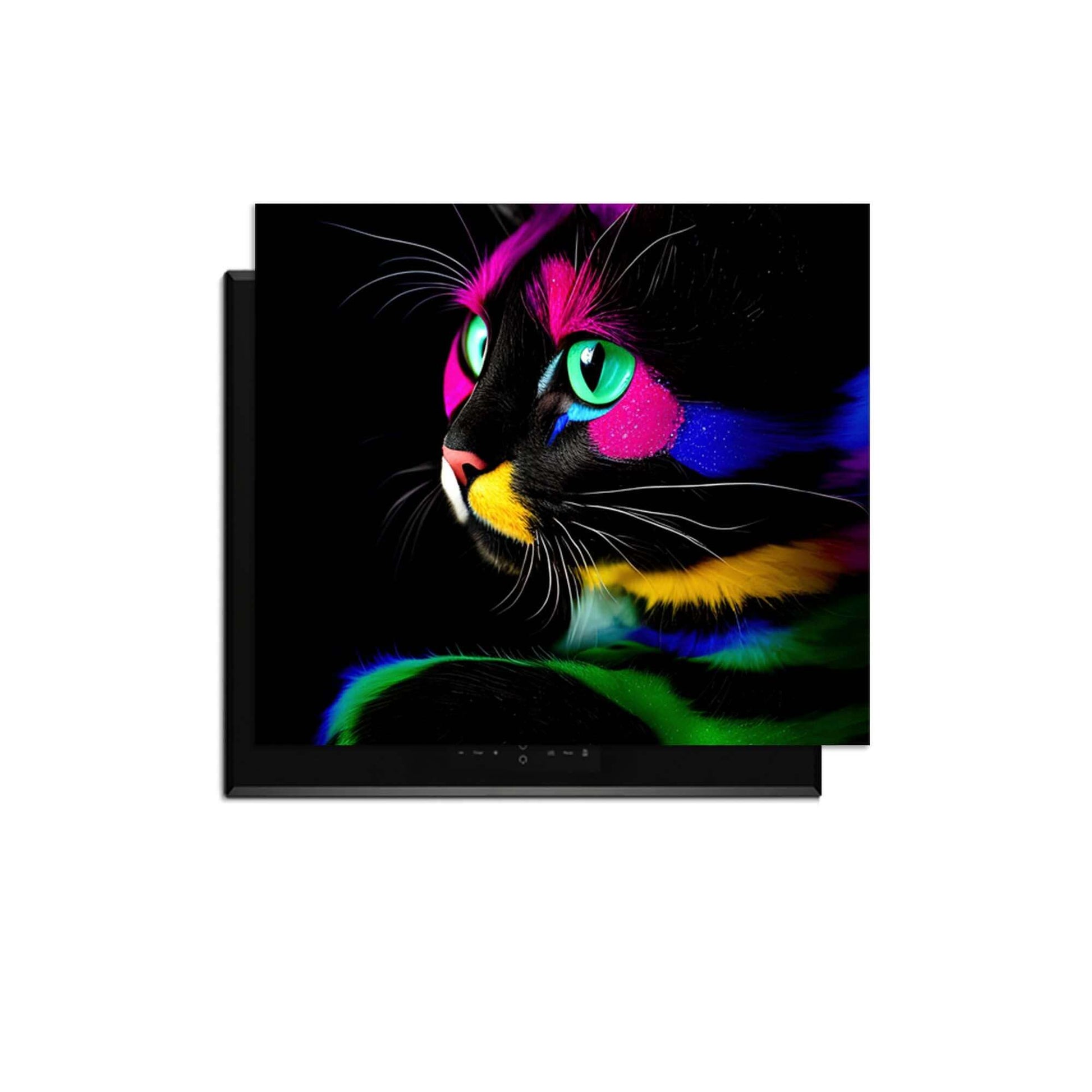 Buntes Bild einer Katze mit Neon-Akzenten auf einer schwarzen Oberfläche.