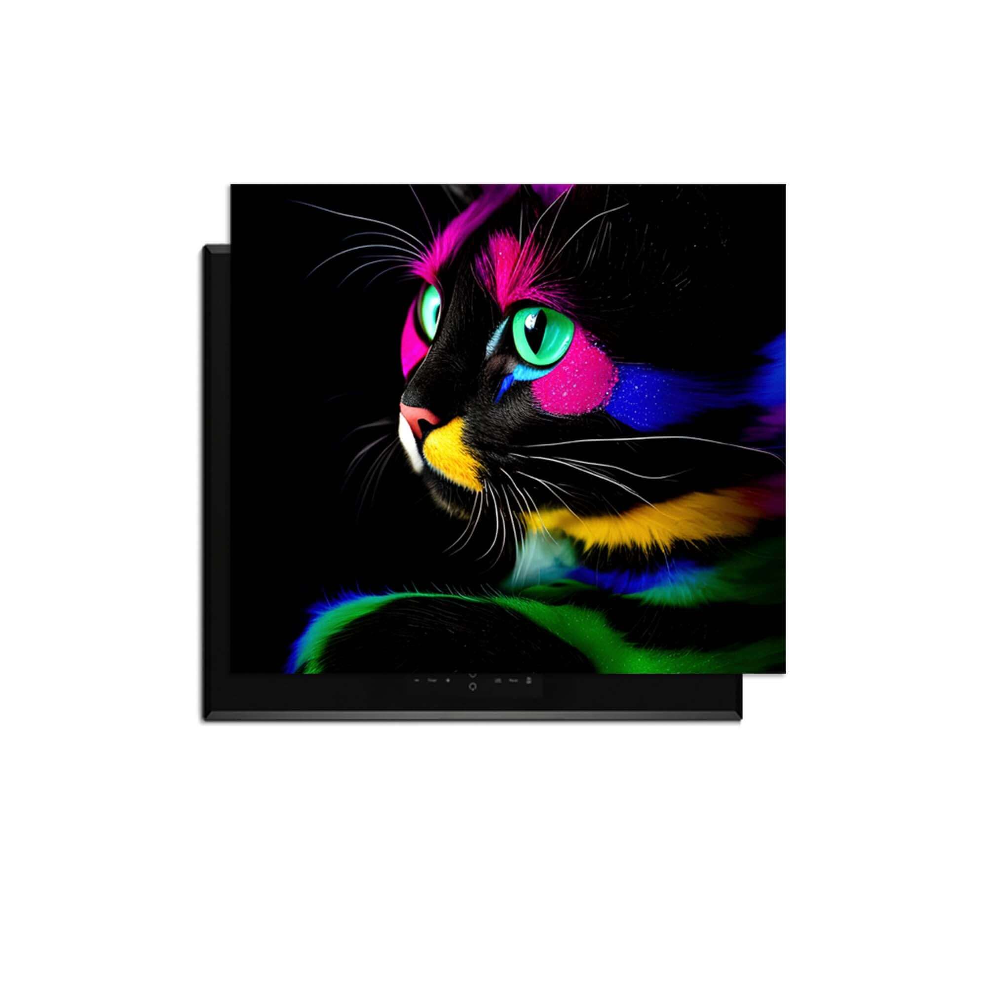 Buntes Bild einer Katze mit Neon-Akzenten auf einer schwarzen Oberfläche.