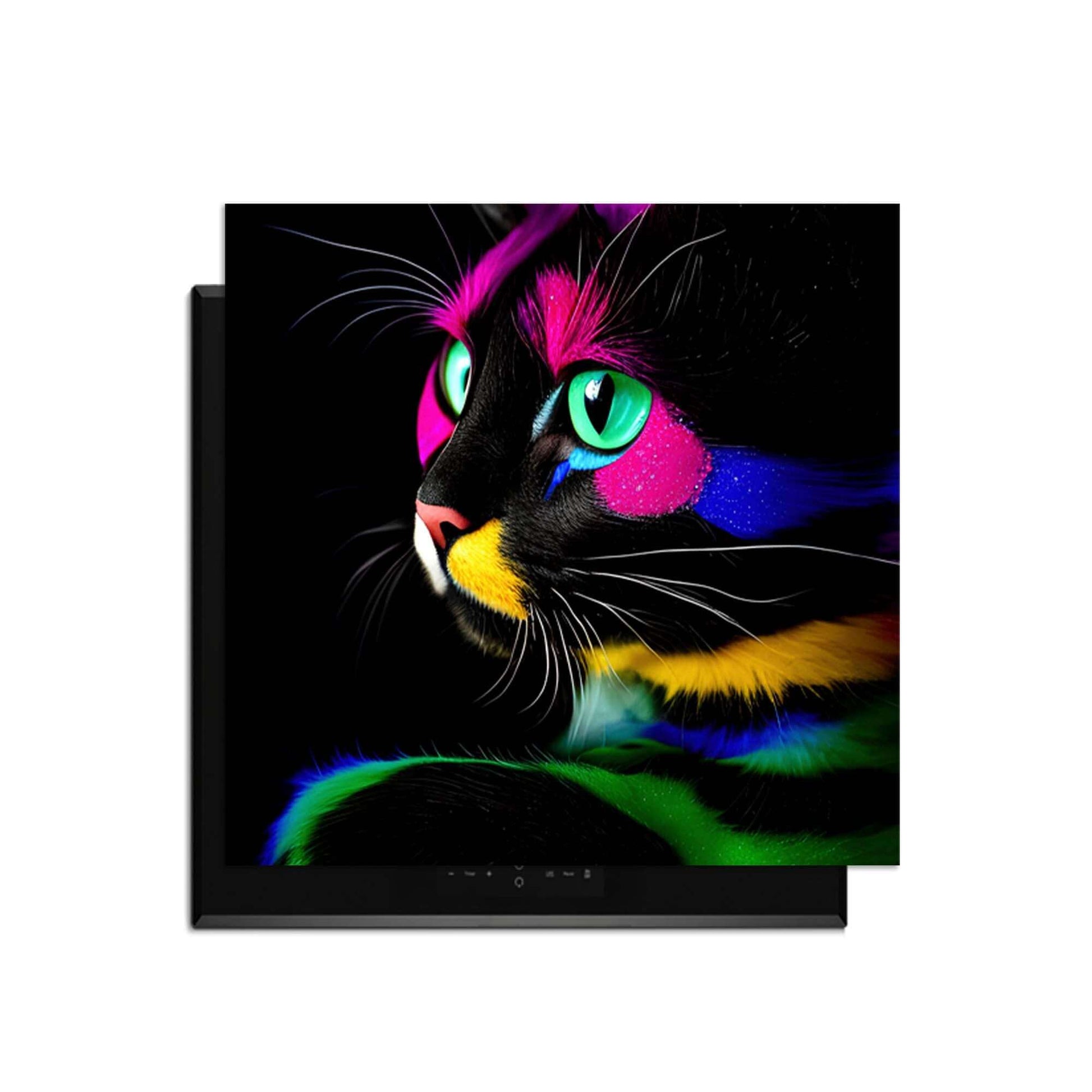 Buntes Bild einer Katze mit Neonfarben und einem schwarzen Hintergrund, künstlerischer Stil.
