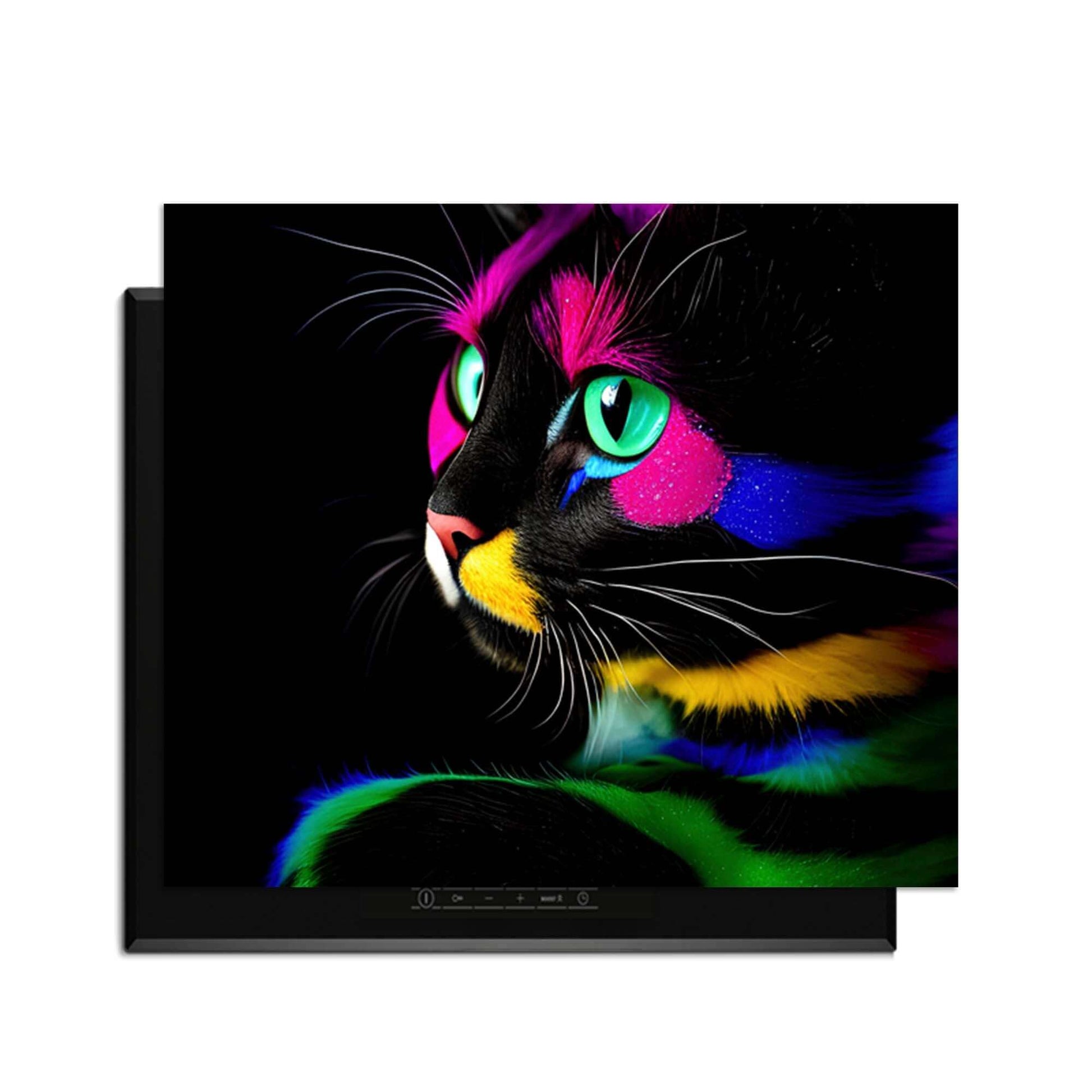 Night Prowler - Herdabdeckplatte mit einer bunten Katze auf dunklem Hintergrund.
