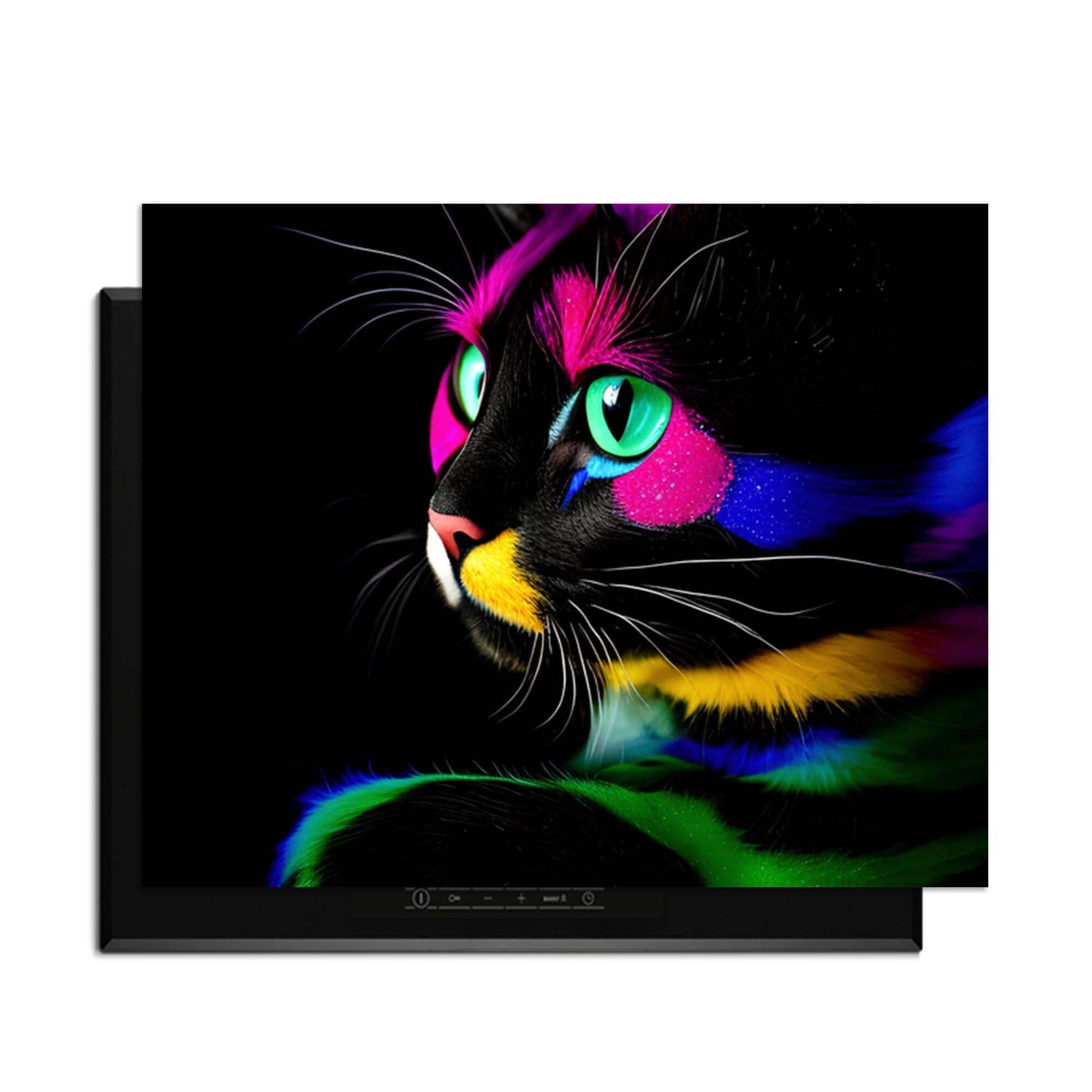Farbenfrohes Bild einer Katze mit leuchtenden Farben, kunstvoll auf schwarzem Hintergrund gerendert.