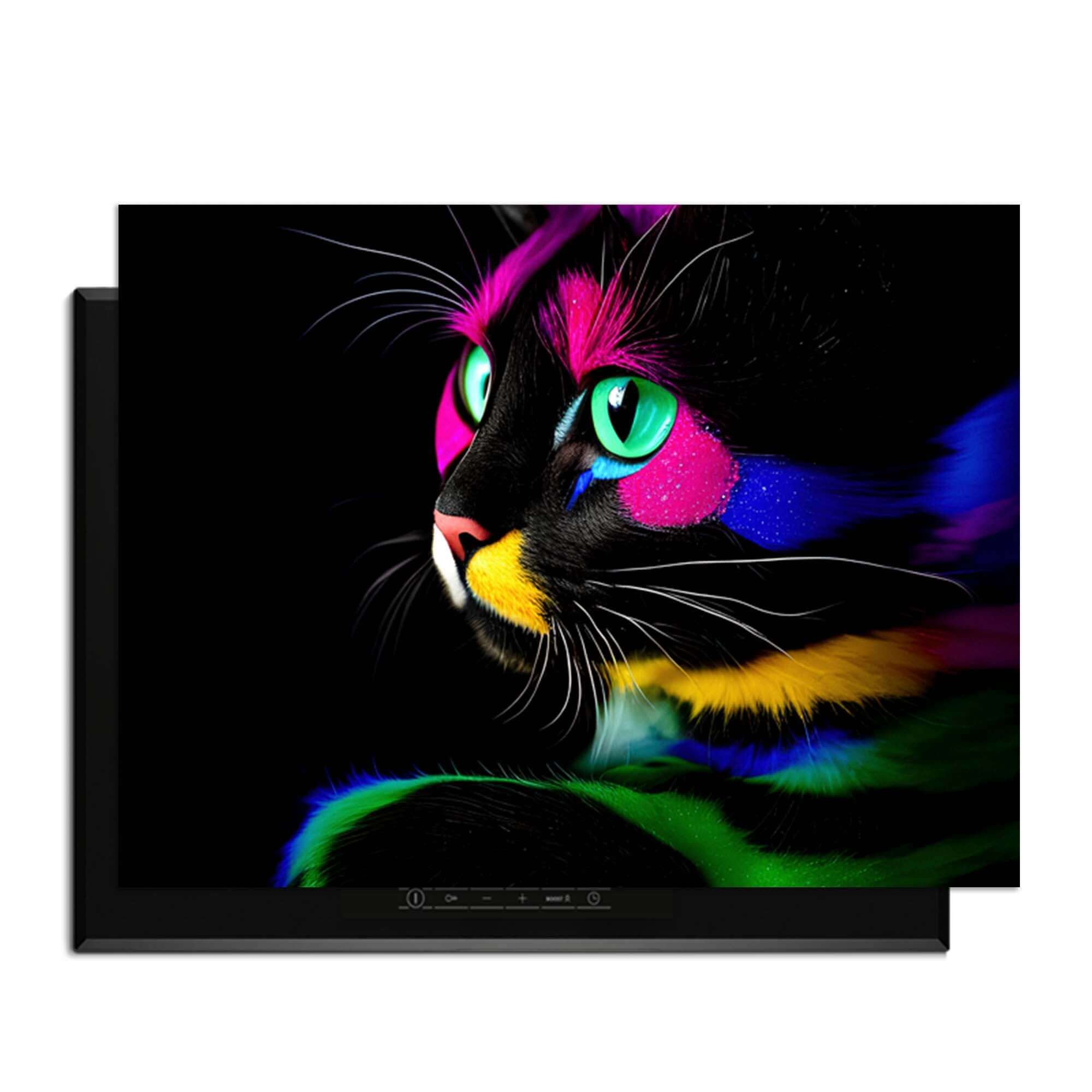 Bunte Katze mit lebhaften Farbmustern auf schwarzem Hintergrund, die die Augen und das bunte Fell betonen.