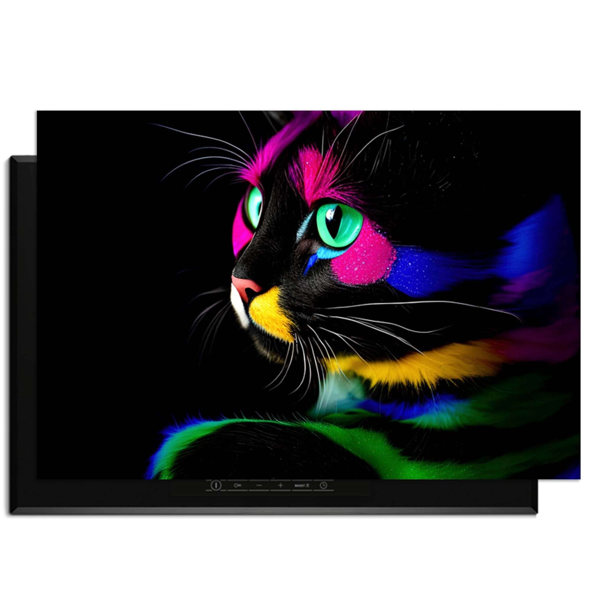 Bunte Katze mit Details in Neonfarben auf dunklem Hintergrund, lebendigen Augen und auffälligen Farben. Perfekt für Tierliebhaber.