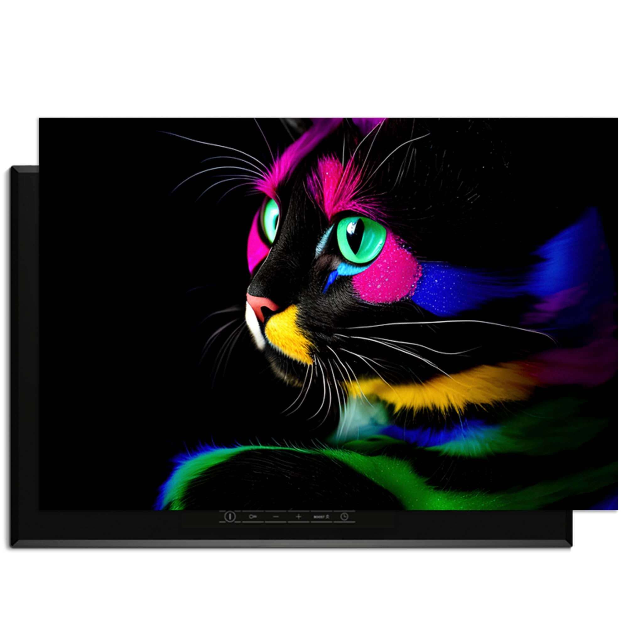 Bunte Katze mit Details in Neonfarben auf dunklem Hintergrund, lebendigen Augen und auffälligen Farben. Perfekt für Tierliebhaber.