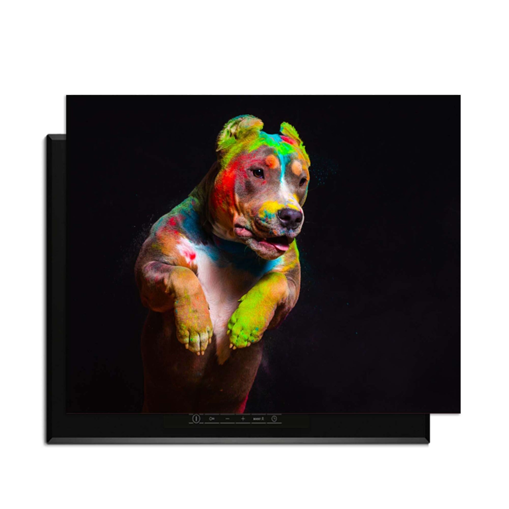 Paint Paws - Herdabdeckplatte Abbildung eines bunten Hundes auf einem Induktionskochfeld, dekoratives und schützendes Accessoire.