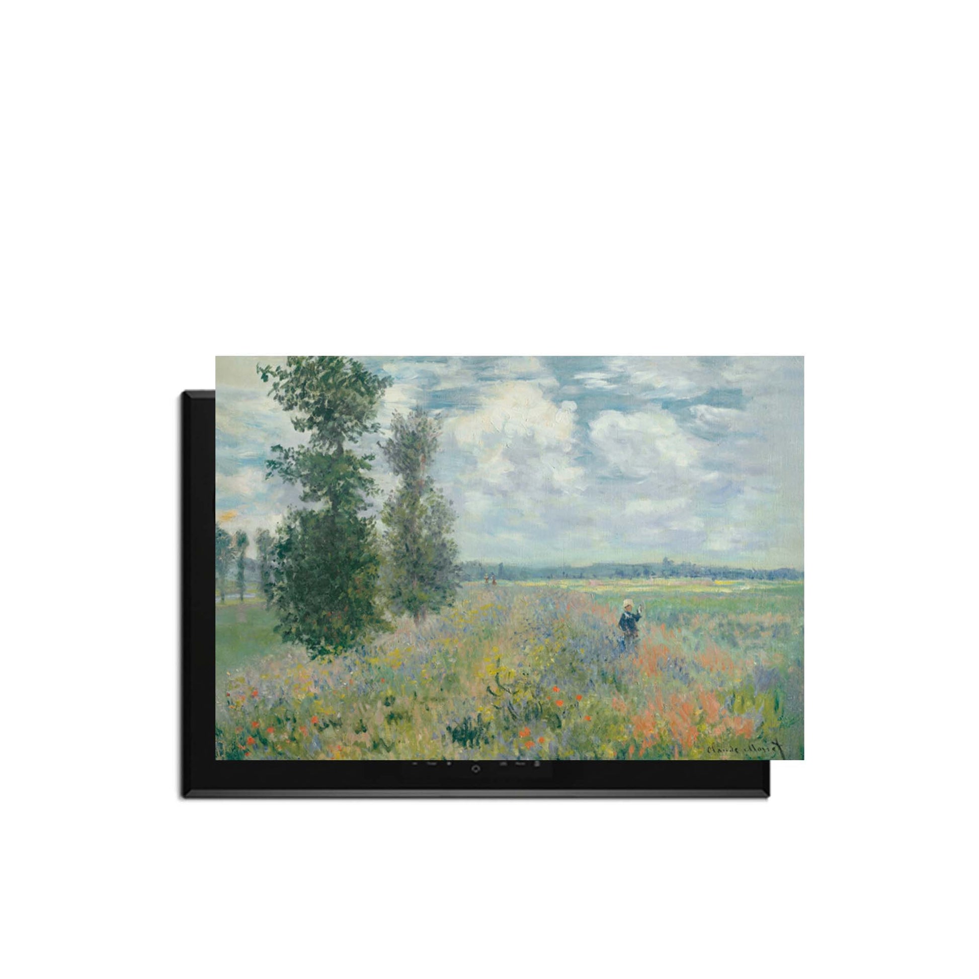 Gemälde einer Landschaft mit Feldern und Bäumen auf schwarzem Hintergrund.