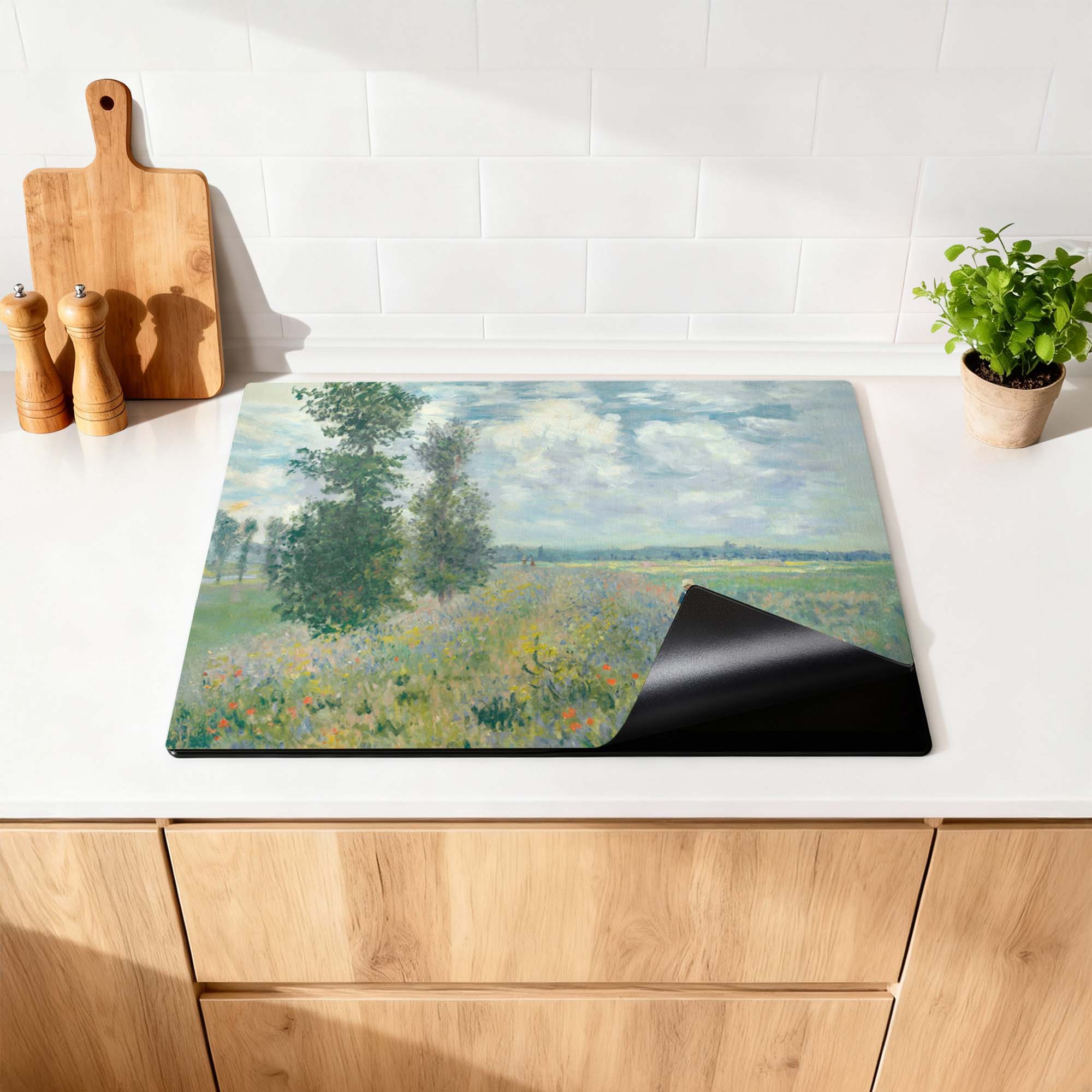 Mohnfeld - Herdabdeckplatte mit farbenfrohen roten Blumen und künstlerischen Pinselstrichen, ideal für eine lebendige Kücheneinrichtung.