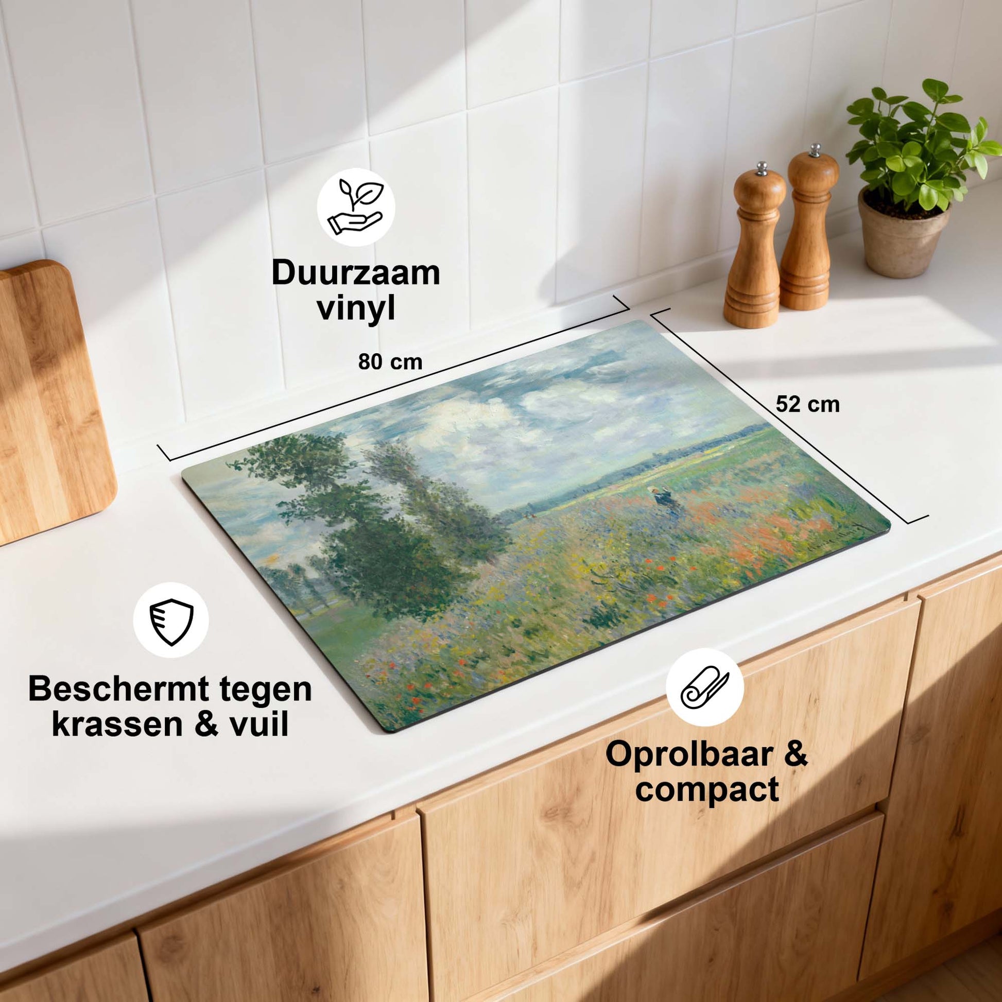 Poppy Field - Herdabdeckplatte mit roten Blumen und Pinselstrichen auf der Küchenarbeitsplatte, langlebiges Vinyl, schützt vor Kratzern und Schmutz.