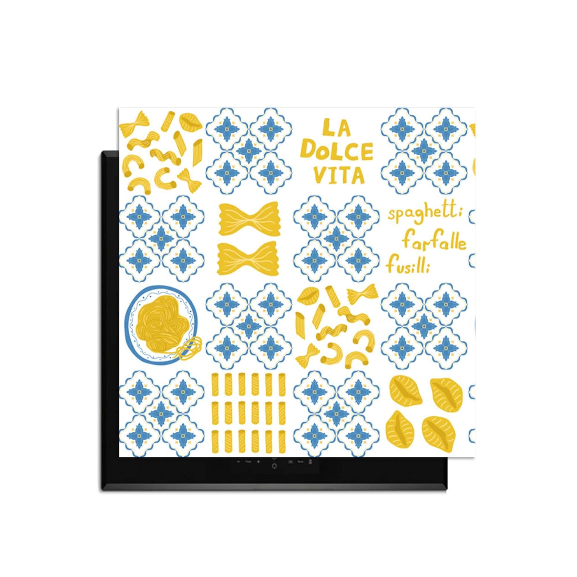 Pasta Tiles - Herdabdeckplatte mit italienischen Kachelmotiven und Pastaformen zur schützenden Dekoration von Induktionskochfeldern.