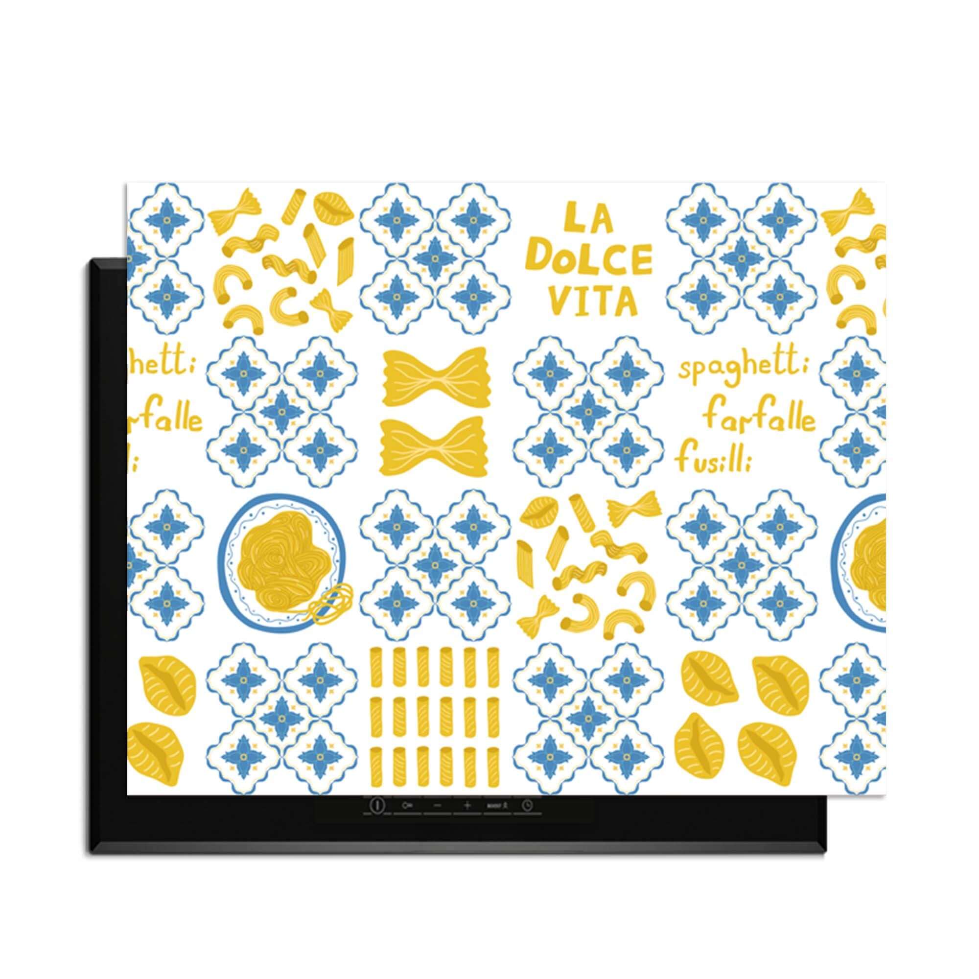 Pasta Tiles - Herdabdeckplatte mit italienischen Kachelmotiven und Pastaformen, schützt Induktionskochfeld mit stilvollem Design.