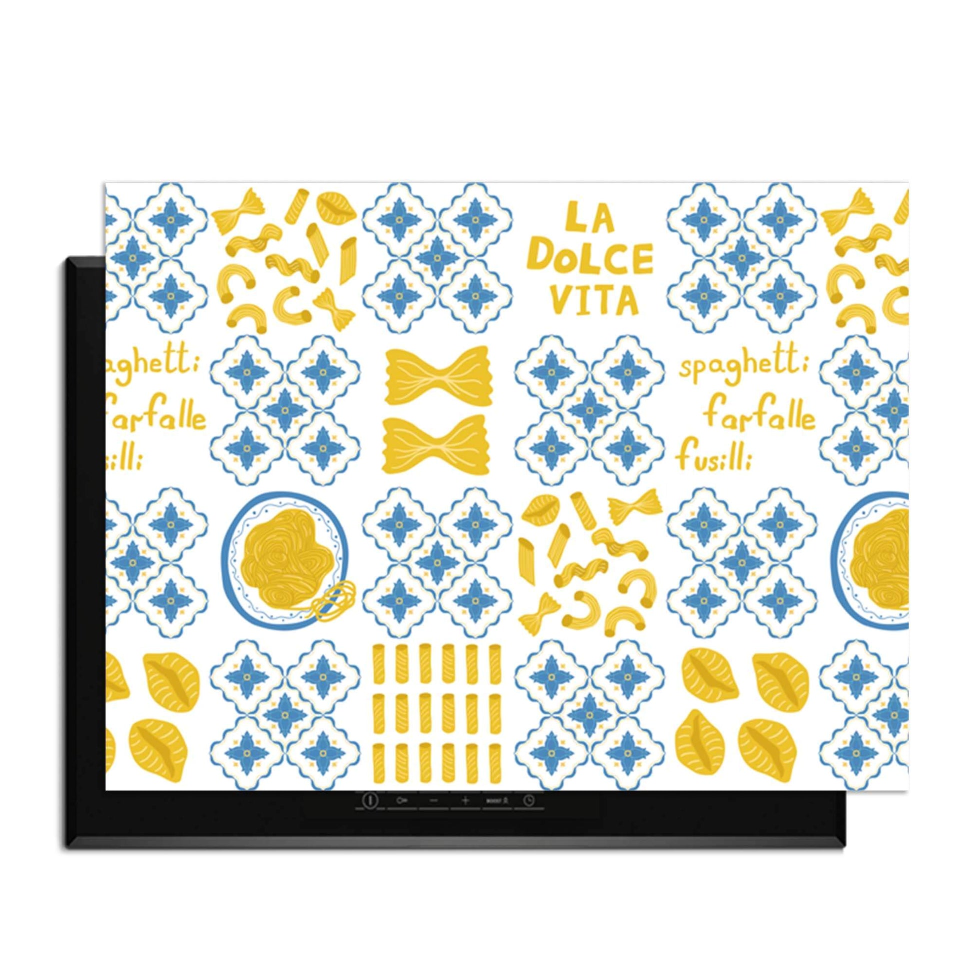 Pasta Tiles - Herdabdeckplatte mit buntem Fliesen- und Nudelmuster, schützt Induktionskochfelder stilvoll. Ideal für Küchenliebhaber.