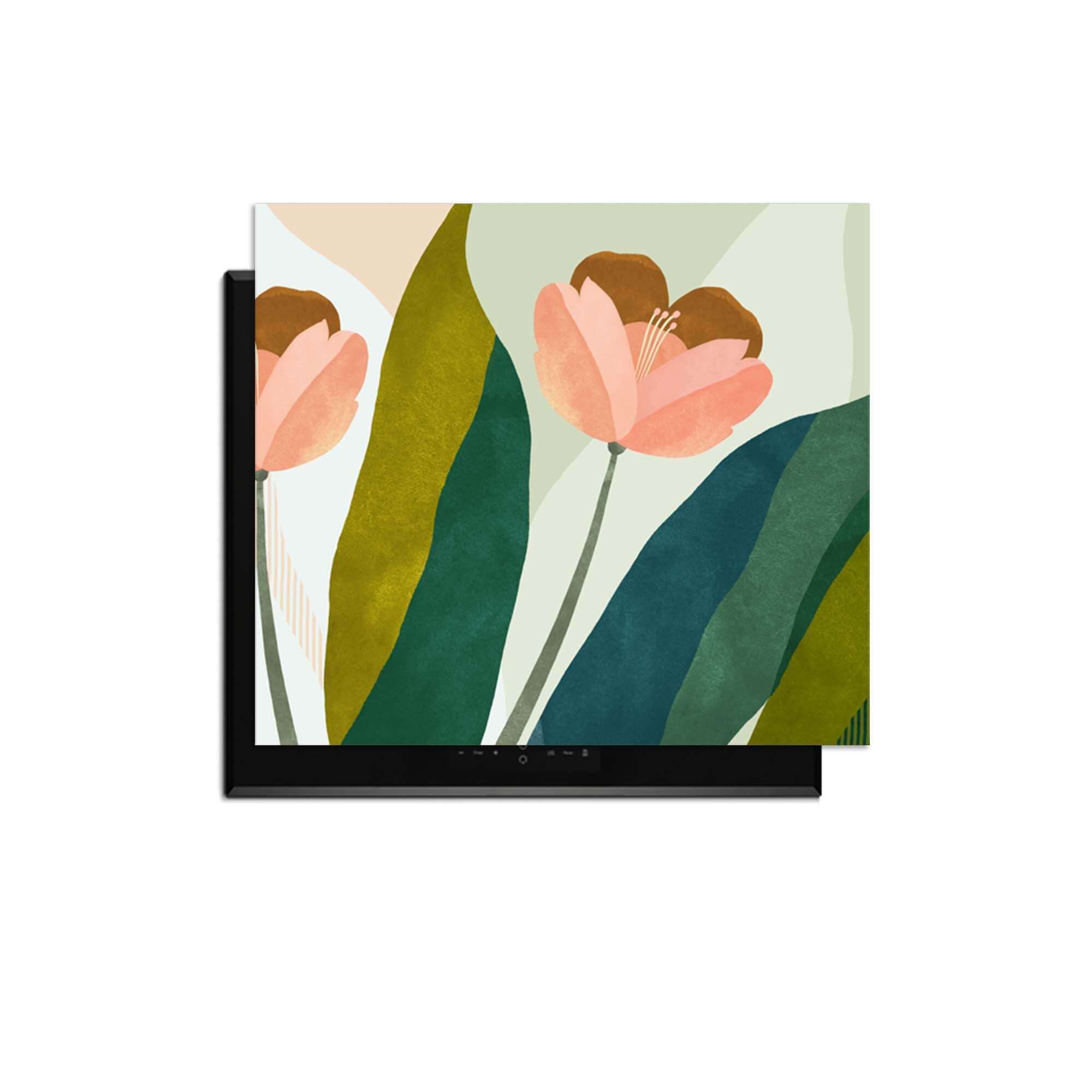 Pfirsichblüten - Herdabdeckplatte mit pfirsichrosa Blumen und Grüntönen, schützt Induktionskochfeld mit elegantem botanischen Design.