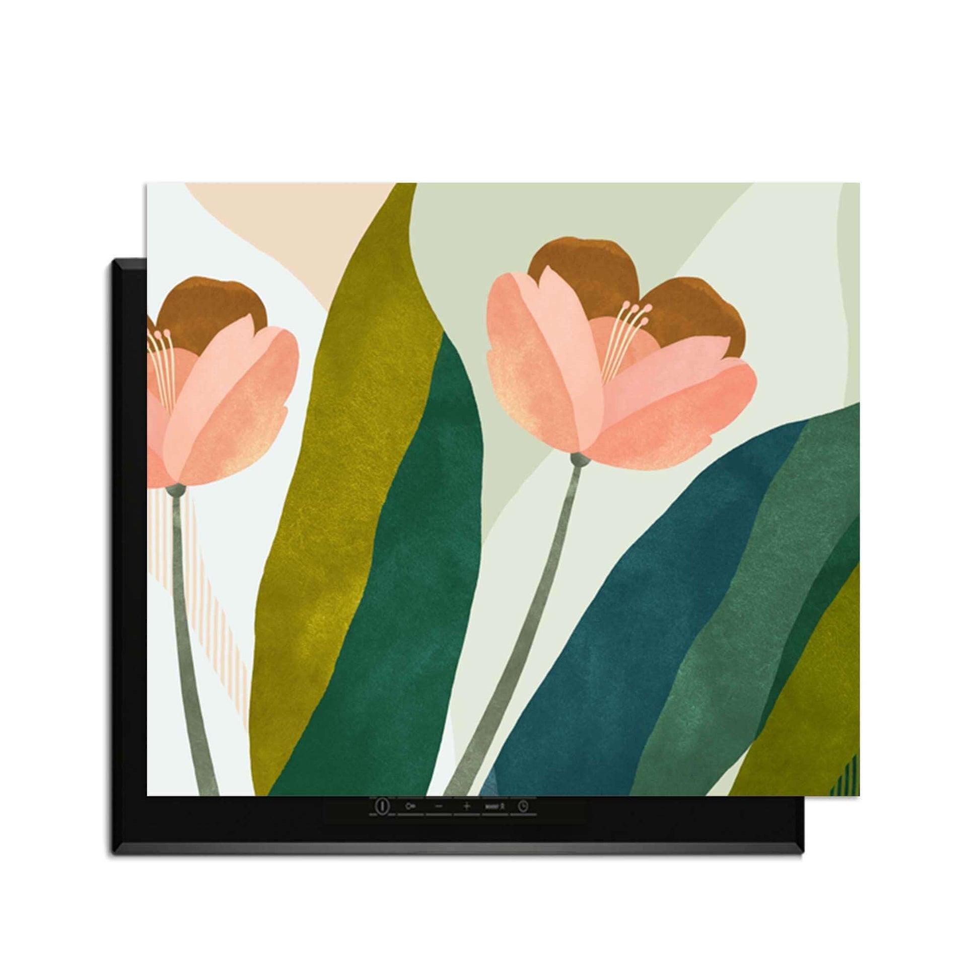 Pfirsichblüten - Herdabdeckplatte mit pfirsichrosa Blüten und tiefem Grün für eleganten Schutz von Induktionskochfeldern.
