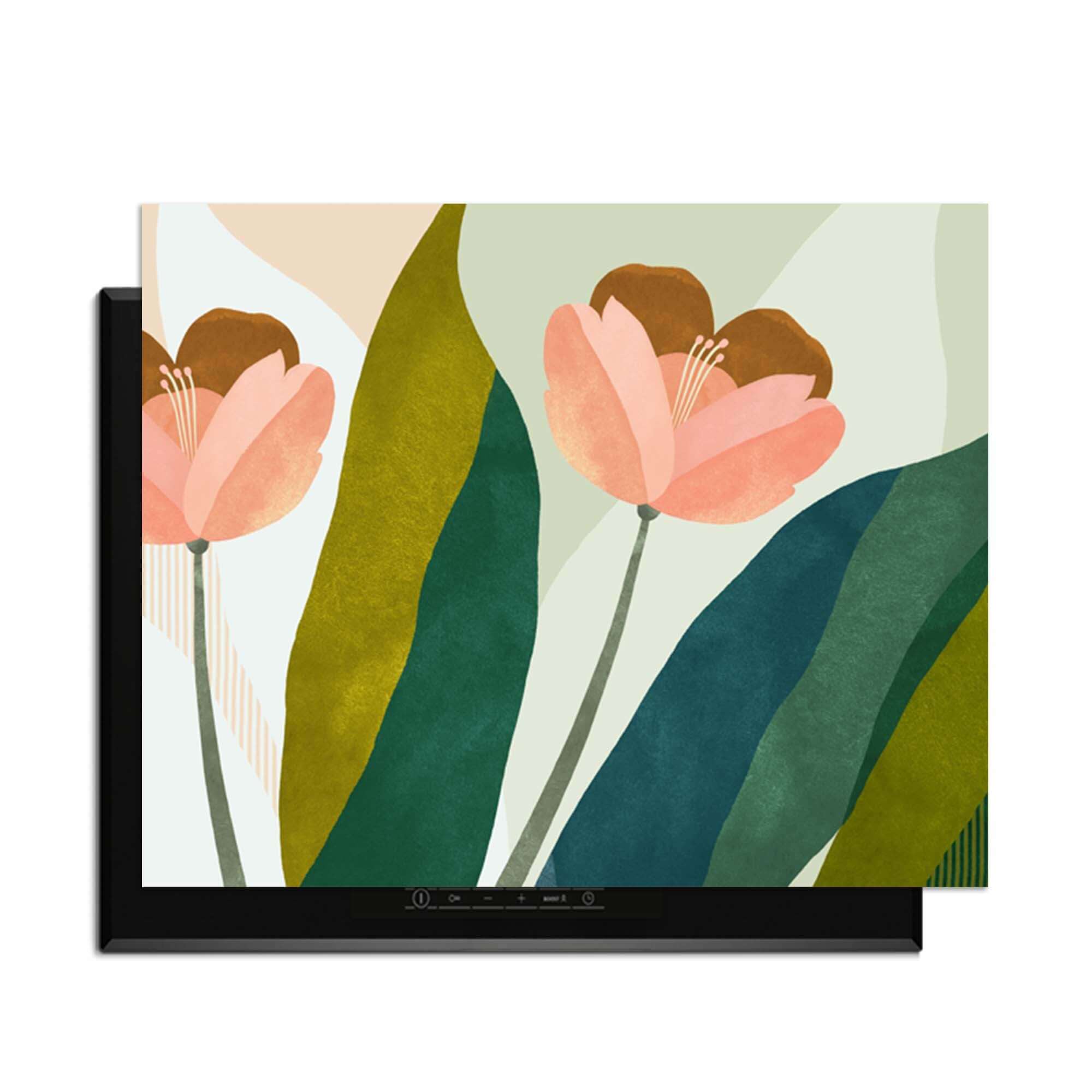 Pfirsichblüten - Herdabdeckplatte mit pfirsichrosa Blüten und tiefgrünem botanischen Design zum Schutz der Küche.