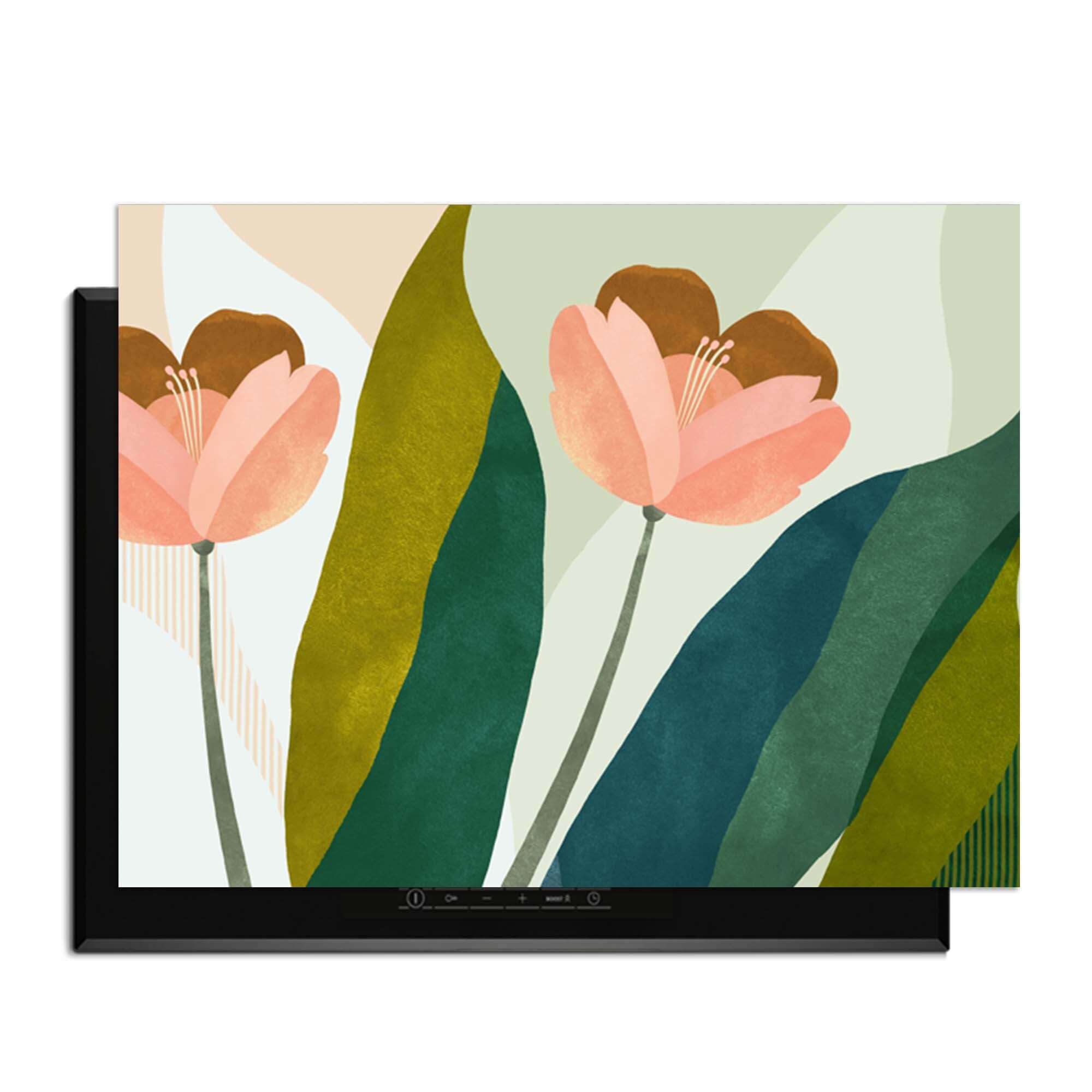 Pfirsichblüten - Herdabdeckplatte mit pfirsichrosa Blüten und tiefgrünen Blättern, elegantes botanisches Design für den Küchenschutz.
