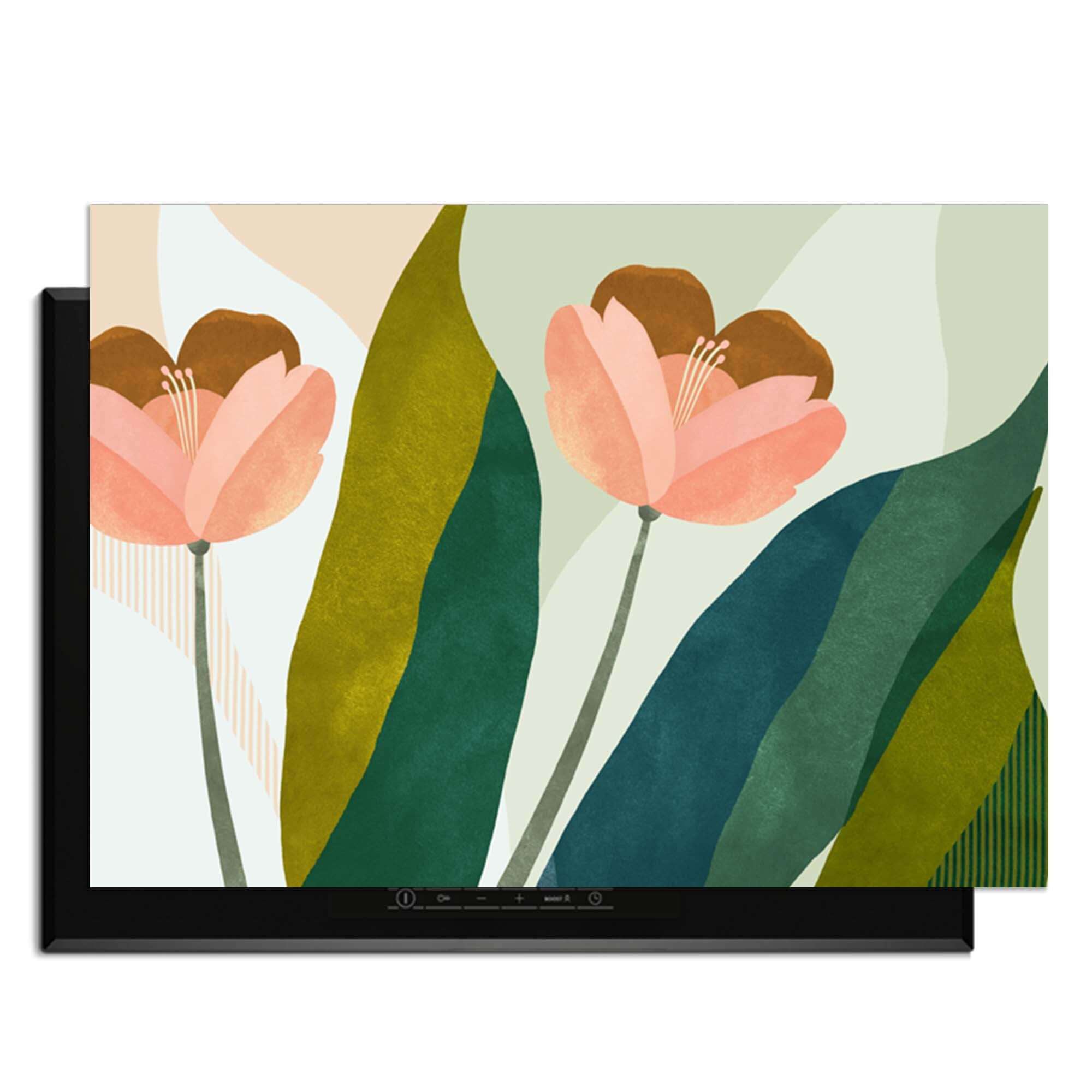 Pfirsichblüten - Herdabdeckplatte mit pfirsichrosa Blüten und Grüntönen für eleganten Küchenschutz.