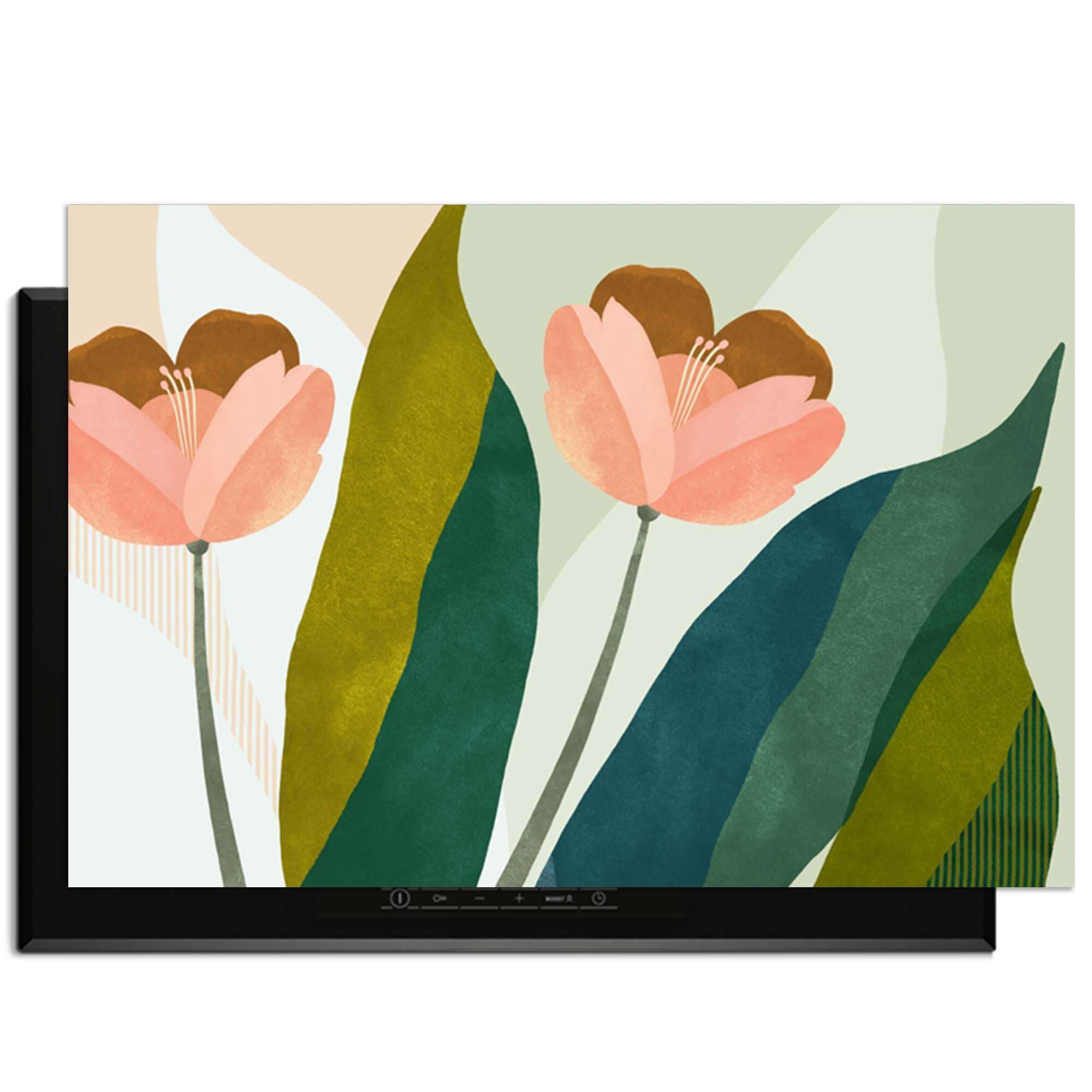 Pfirsichblüten - Herdabdeckplatte mit pfirsichrosa Blüten und grünen Blättern, eleganter Schutz für Induktionskochfelder.