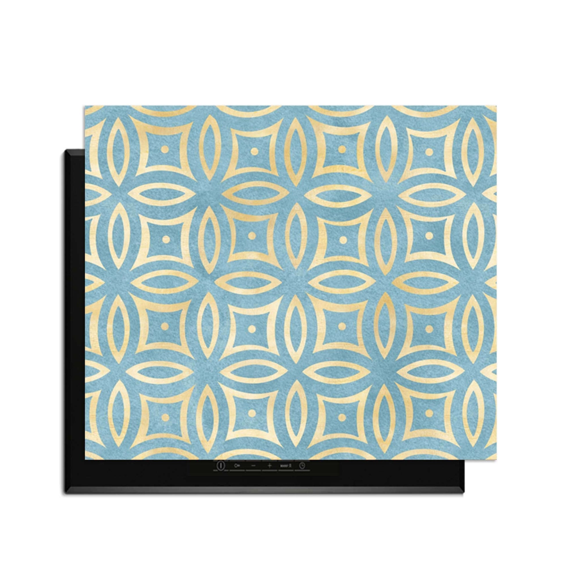 Petal Illusion Blue - Herdabdeckplatte mit blauem und goldenem Blumen- und Kreismotiv, Luxusschutz für Induktionskochfelder.