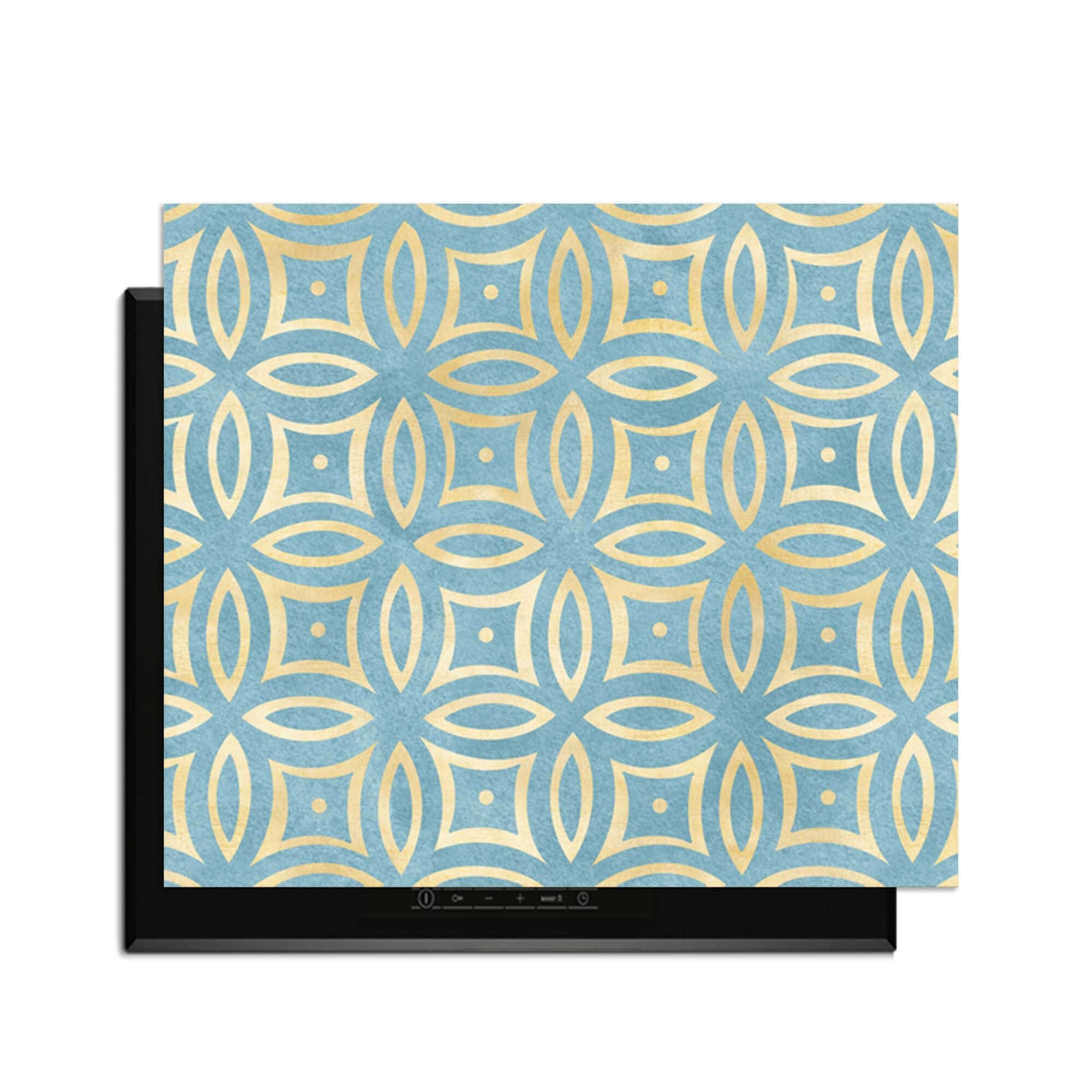 Petal Illusion Blue - Herdabdeckplatte mit blauem und goldenem Blumen- und Kreismotiv, Luxusschutz für Induktionskochfelder.