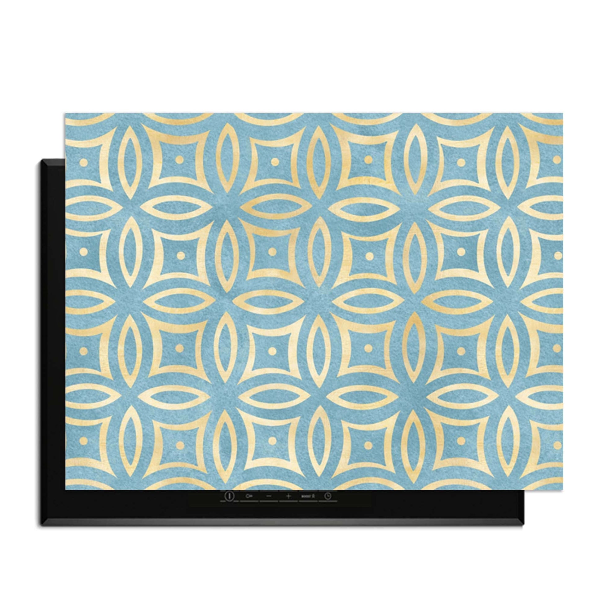 Petal Illusion Blue - Herdabdeckplatte mit elegantem blauen und goldenen Blumendesign zum Schutz von Induktionskochfeldern.