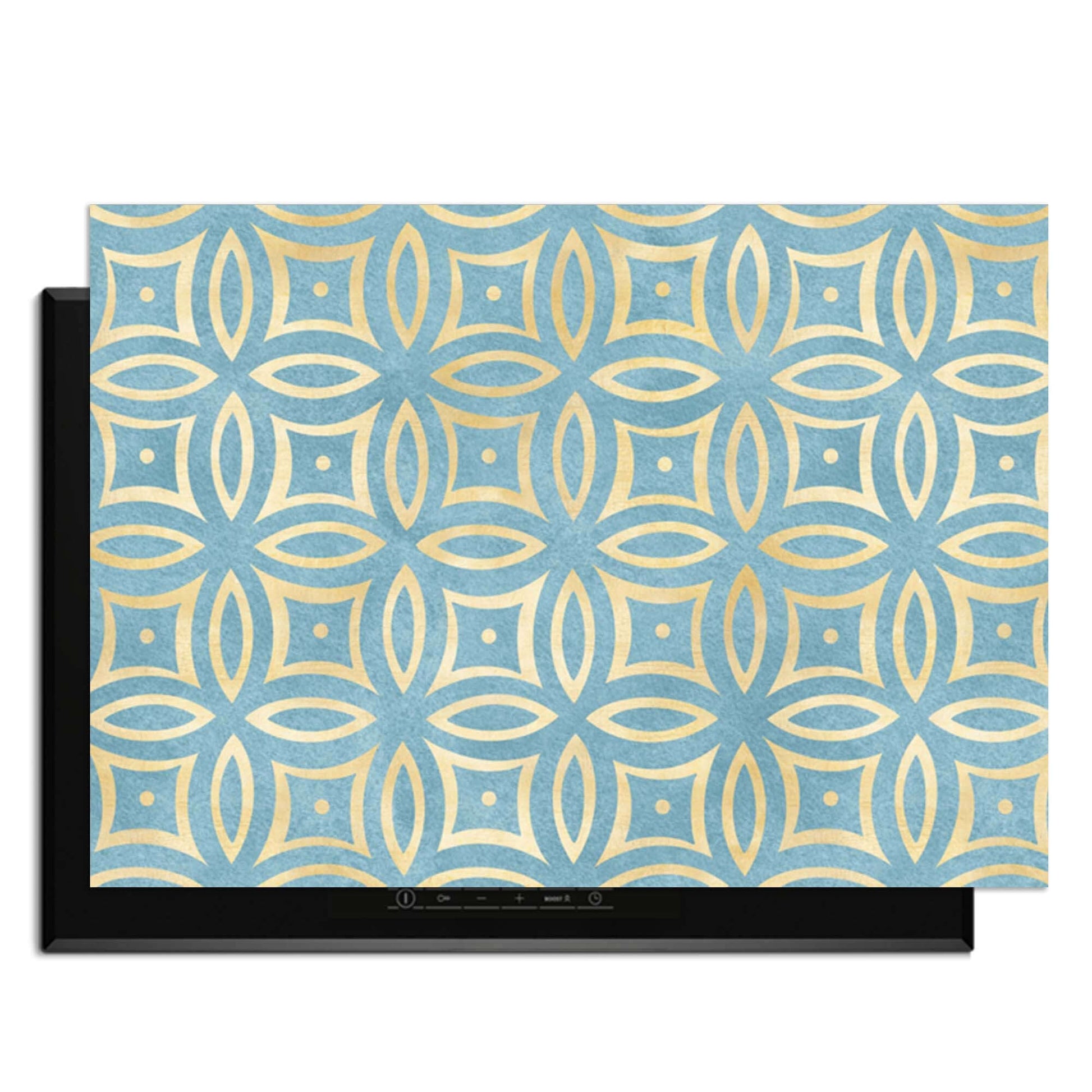 Petal Illusion Blue - Herdabdeckplatte mit Blumen- und Kreismotiv in Blau und Gold, Schutz für Induktionskochfelder.