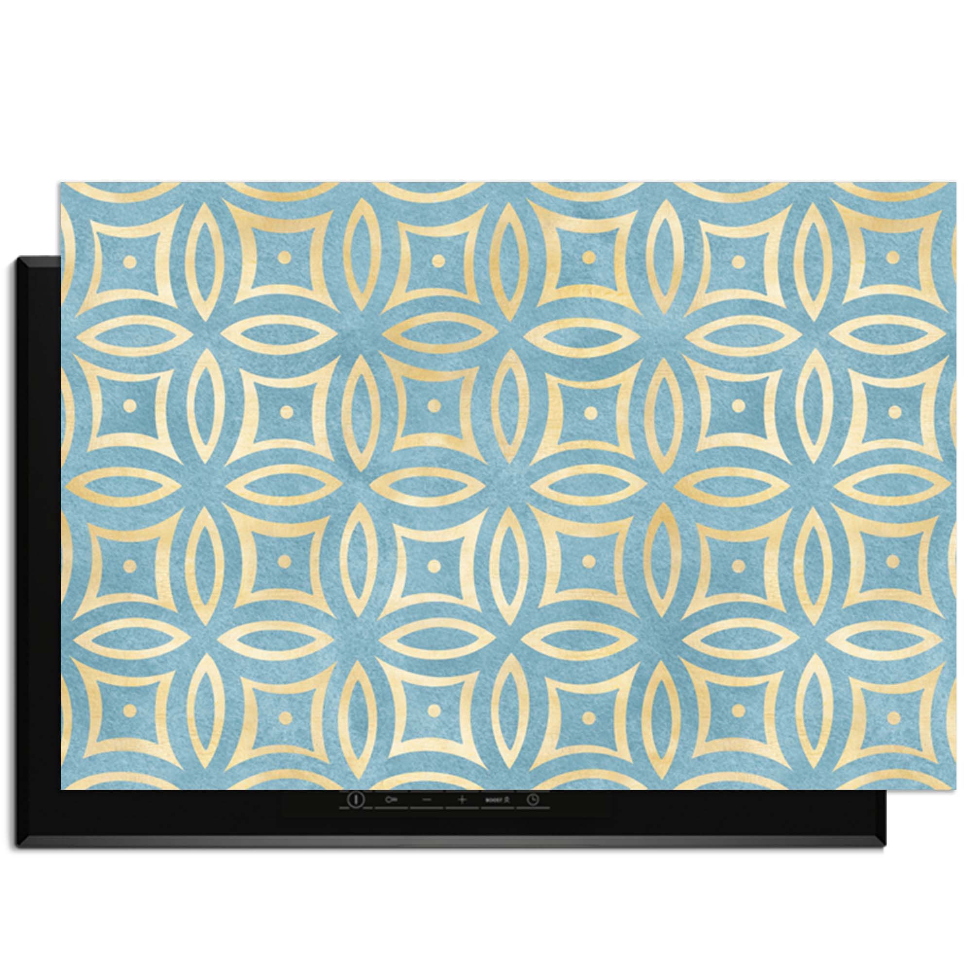 Petal Illusion Blue - Herdabdeckplatte mit elegantem blauen und goldenen Blumendesign, idealer Schutz für Induktionskochfelder.
