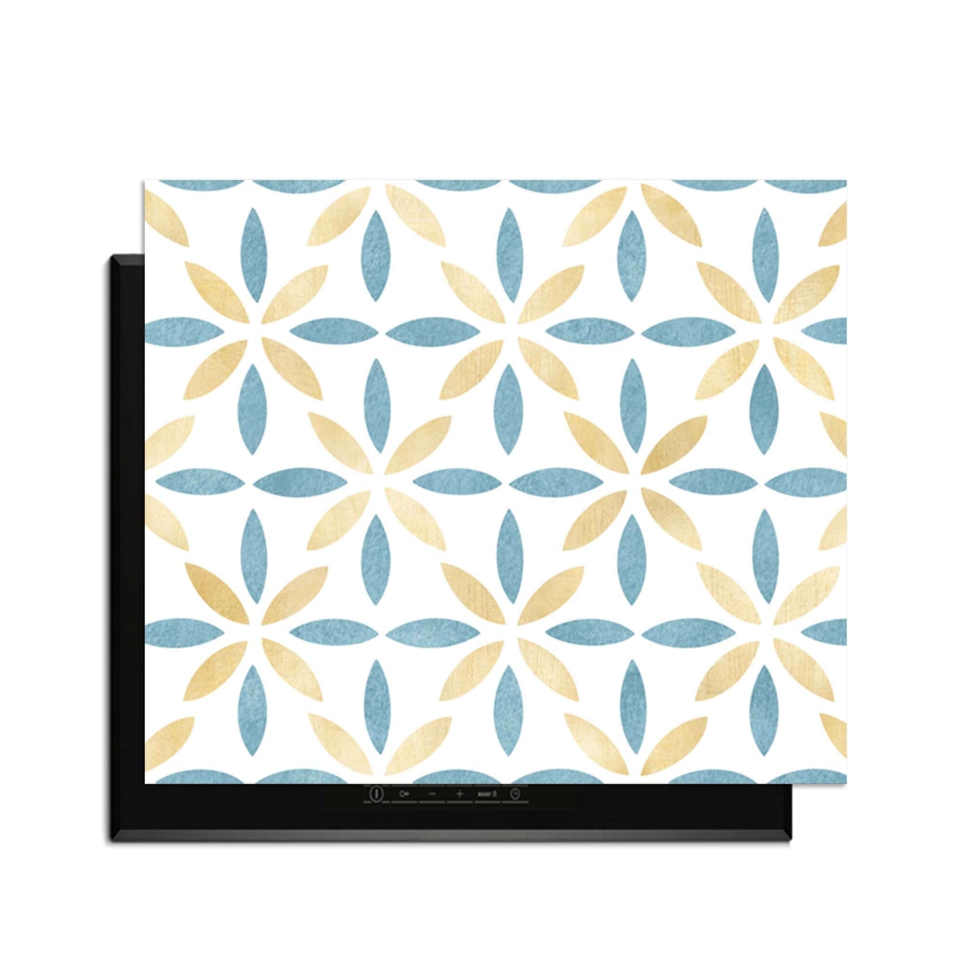 Petal White Tile - Herdabdeckplatte mit goldenem und azurblauem Blumenmuster, idealer Schutz für Induktionskochfelder.