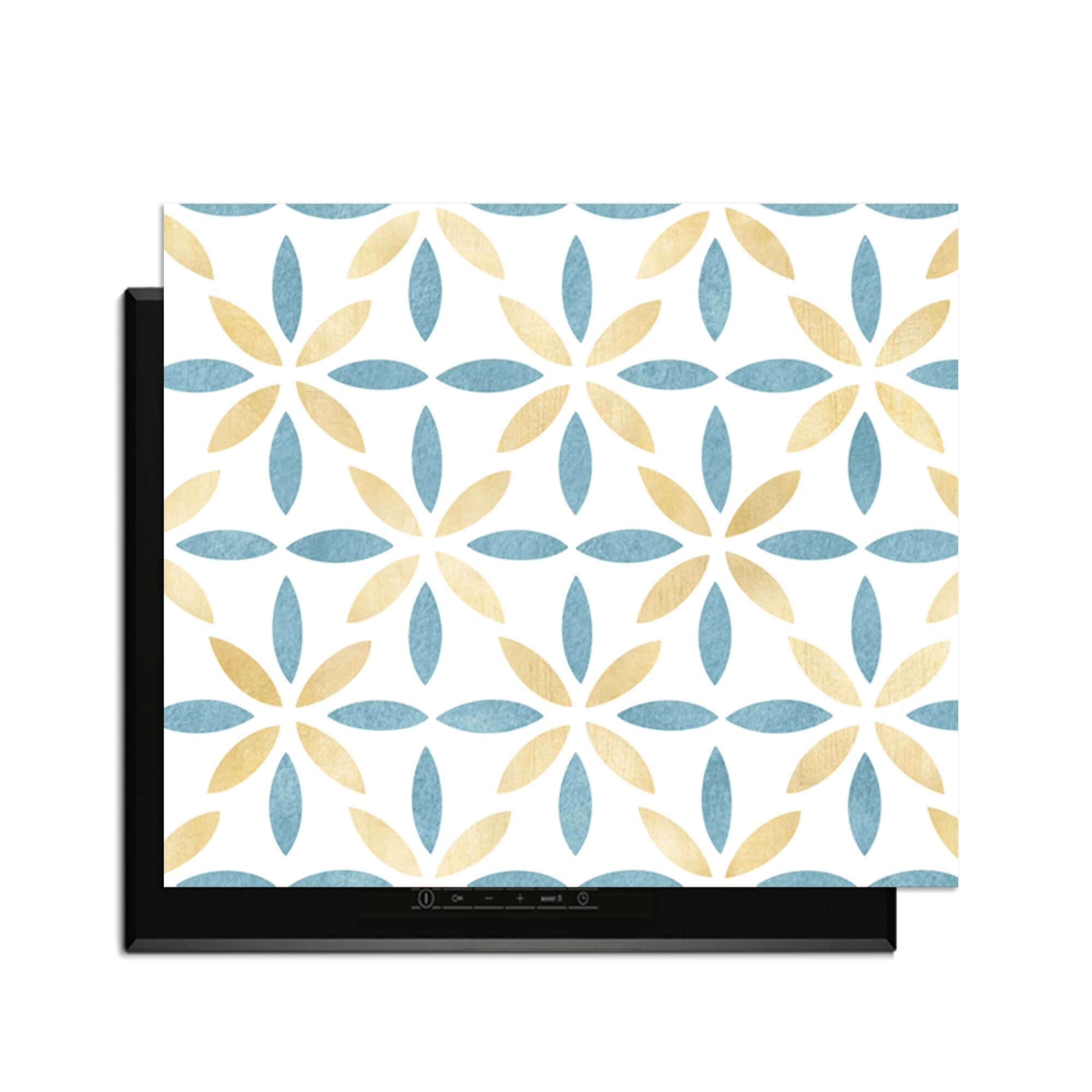 Petal White Tile - Herdabdeckplatte mit goldenem und azurblauem Blumenmuster, idealer Schutz für Induktionskochfelder.