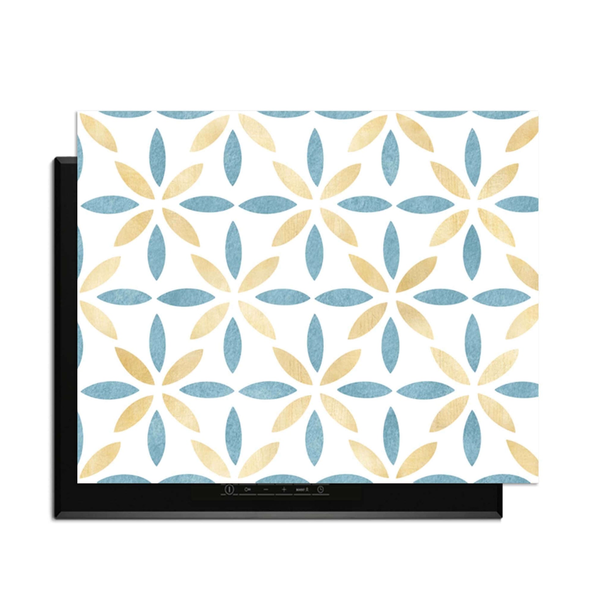 Petal White Tile - Herdabdeckplatte mit goldenem und azurblauem Blumendesign, schützt Induktionskochfelder elegant und stilvoll.