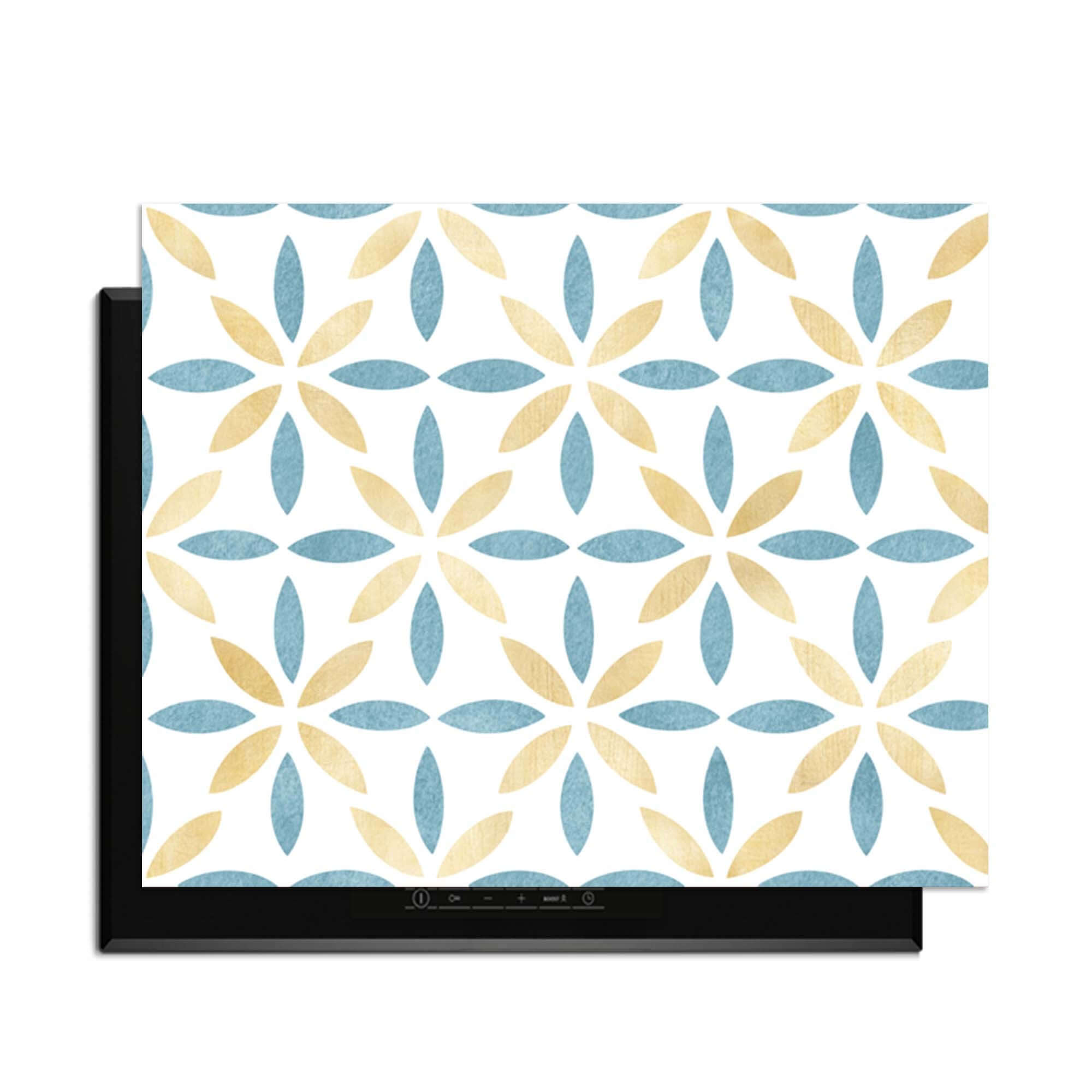 Petal White Tile - Herdabdeckplatte mit goldenem und azurblauem Blumendesign, schützt Induktionskochfelder elegant und stilvoll.